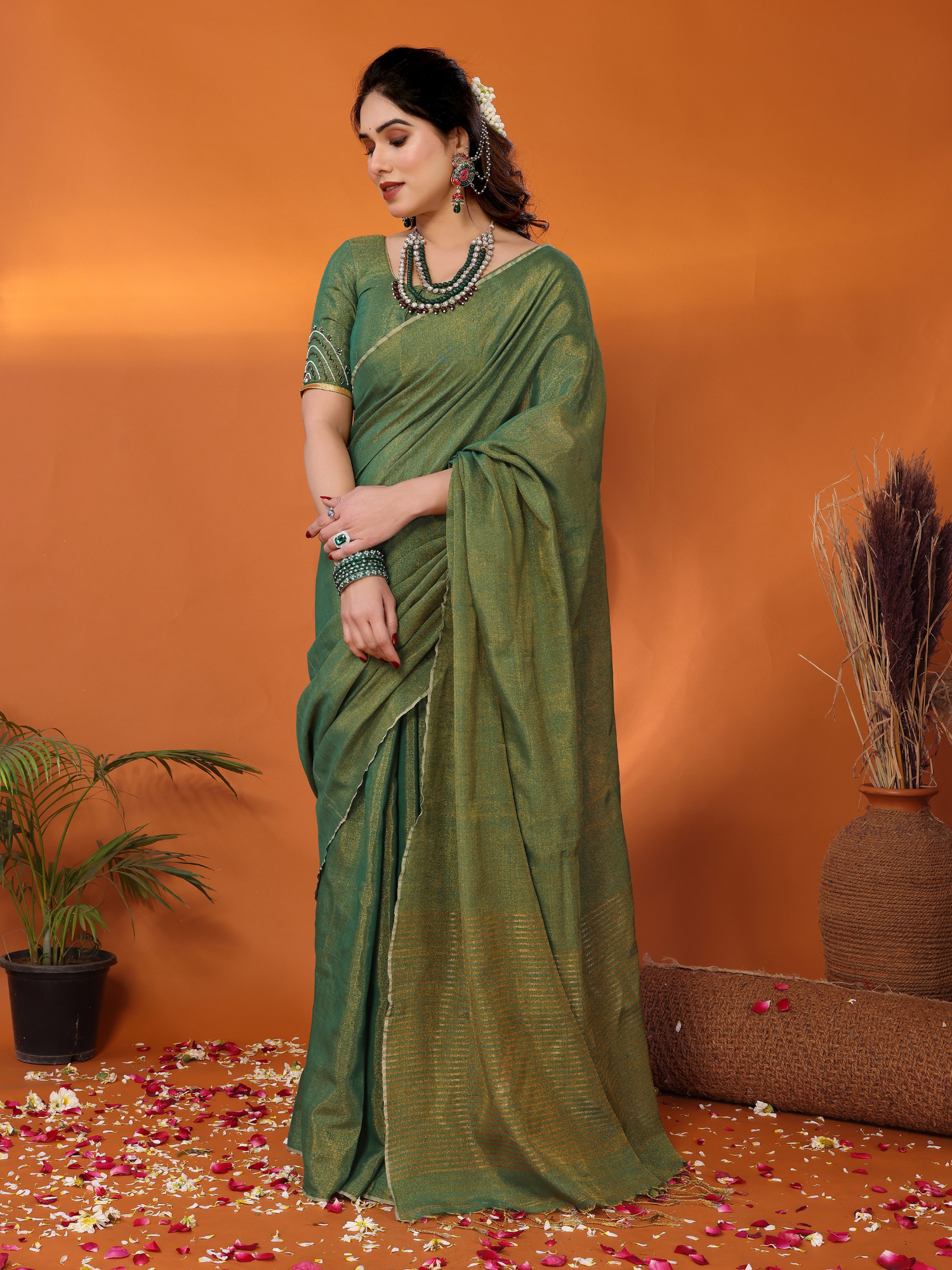 Jodha Tissue Saree with Embroidered Blouse