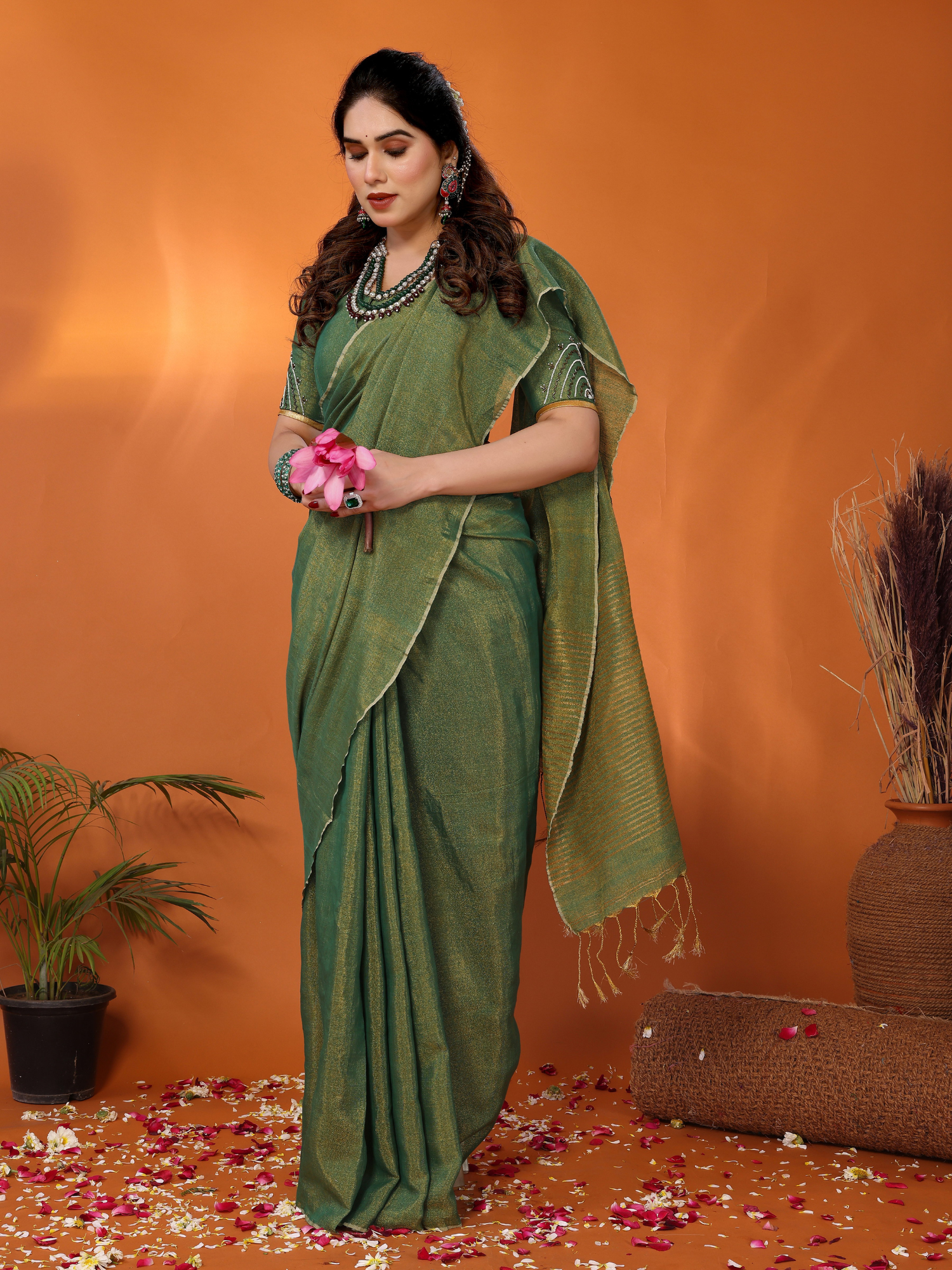 Jodha Tissue Saree with Embroidered Blouse