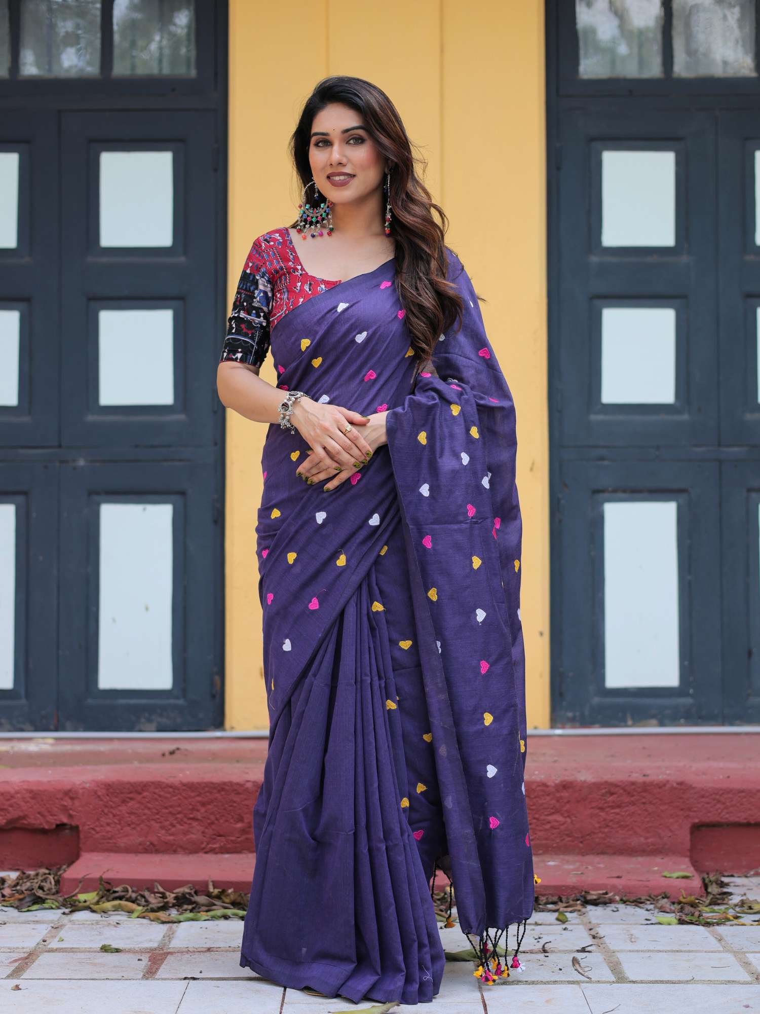 Devika cotton heart embroidery saree with printed blouse