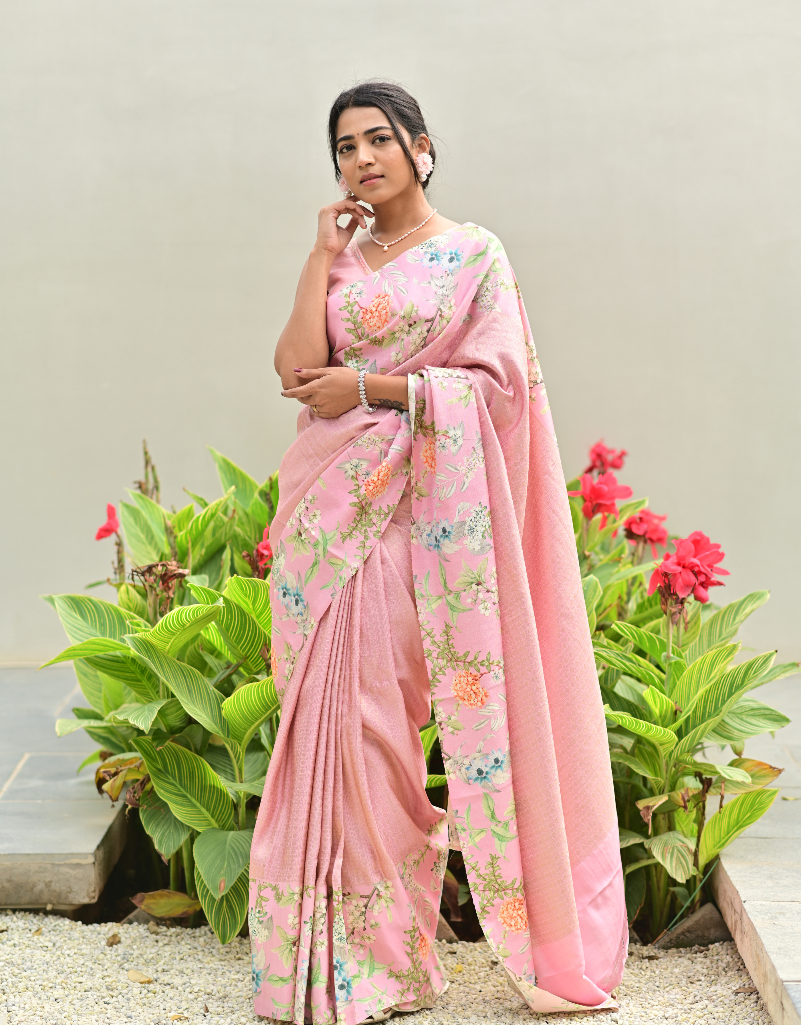 Powder Pink Kanchipattu Saree with Digital Print Border