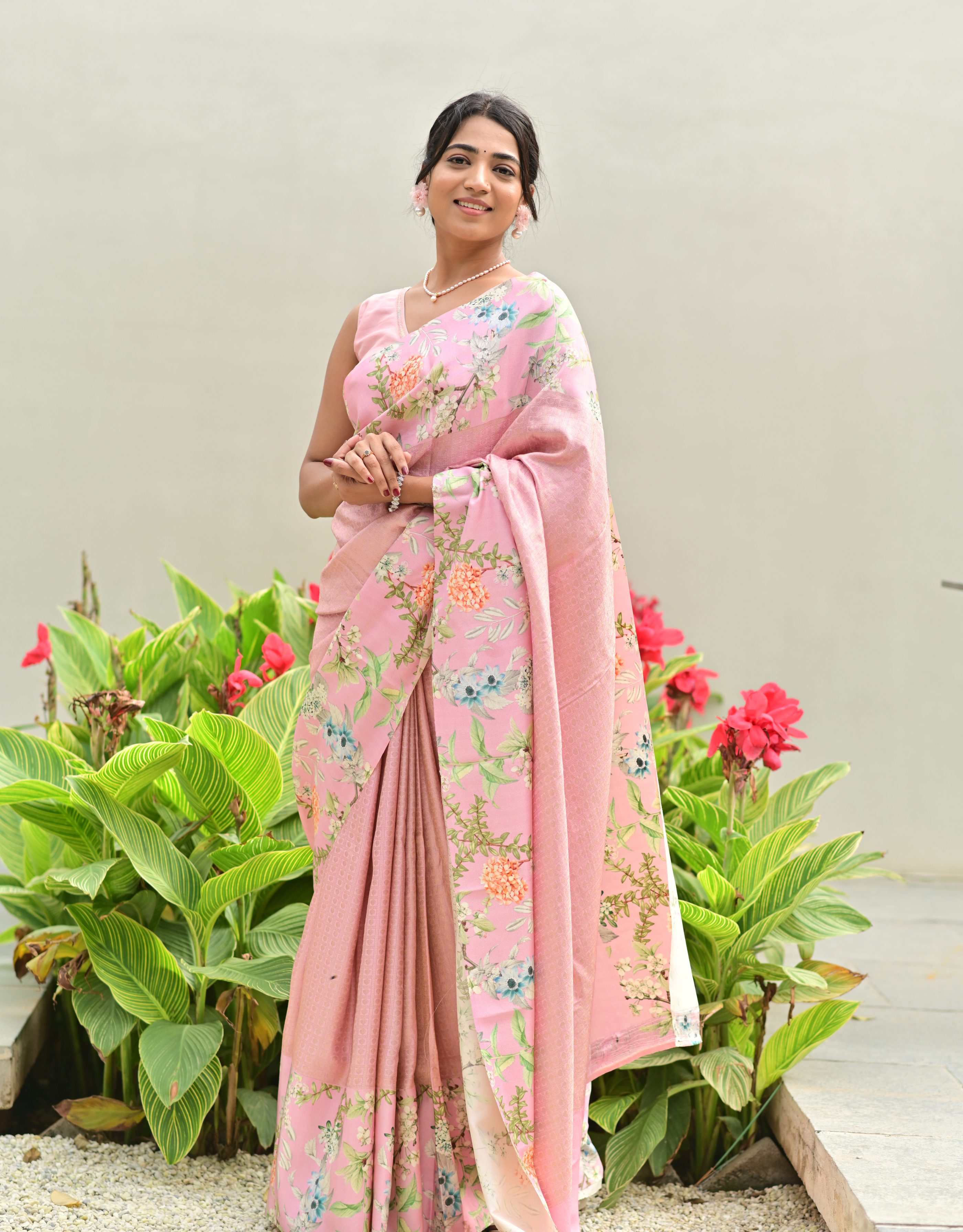 Powder Pink Kanchipattu Saree with Digital Print Border