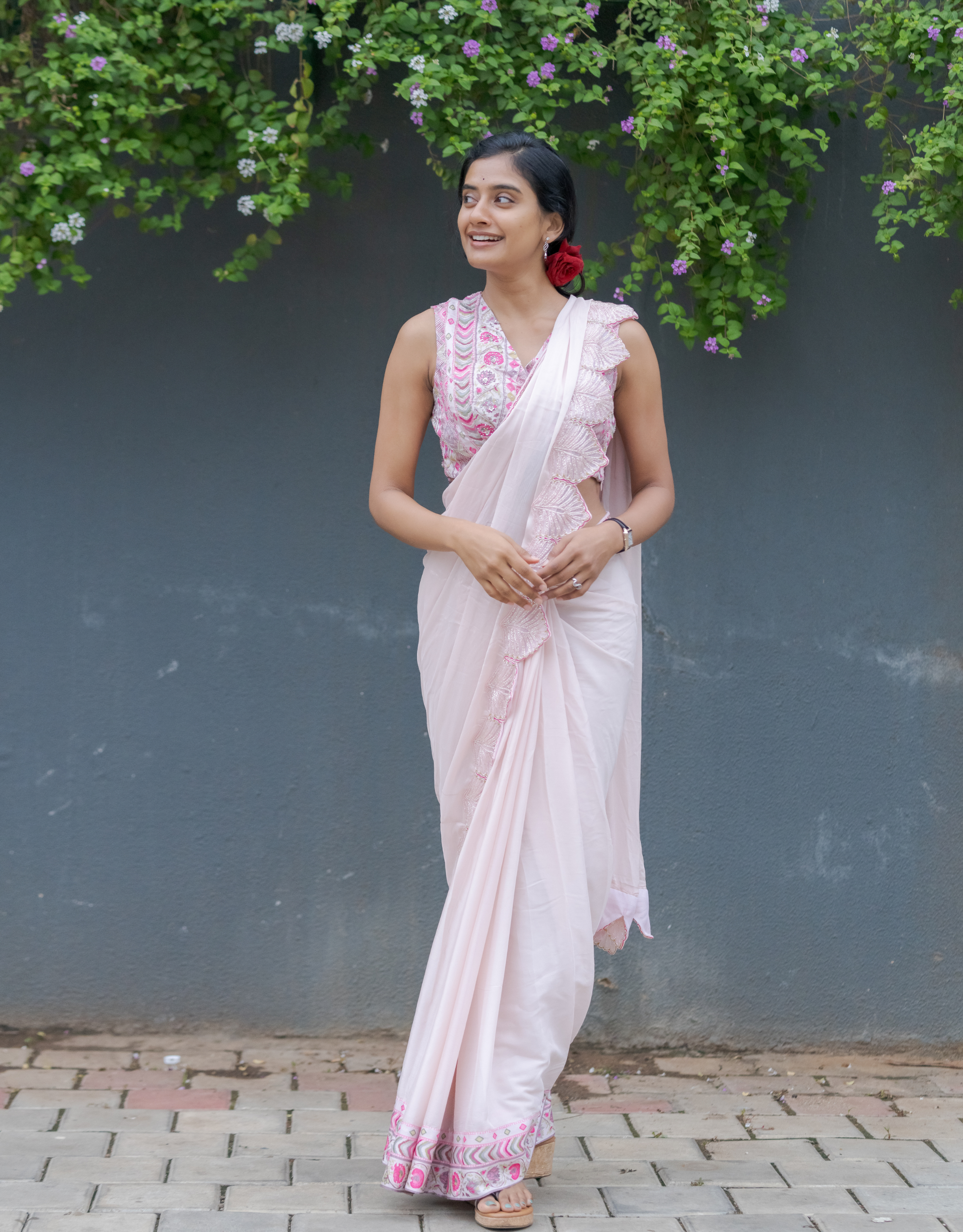 Blush Pink Georgette Saree with Scallop Work Border and Printed Blouse