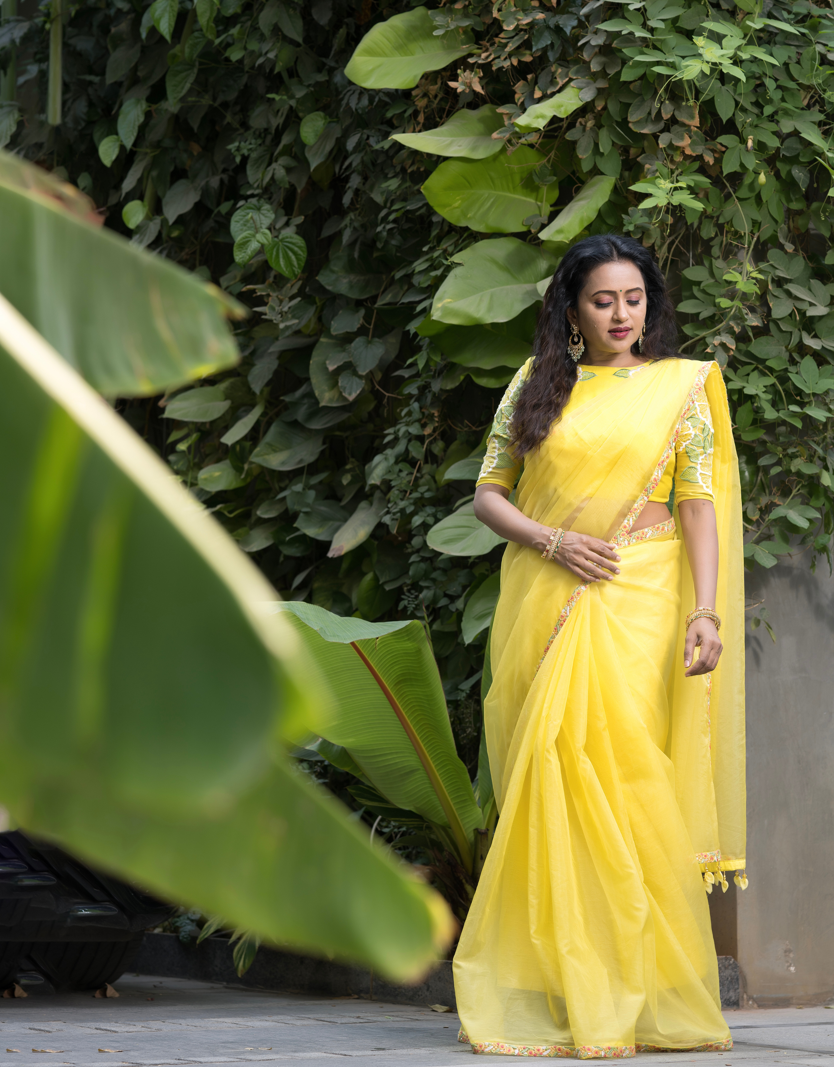 Yellow Organza Saree with Embroidery Border and Blouse