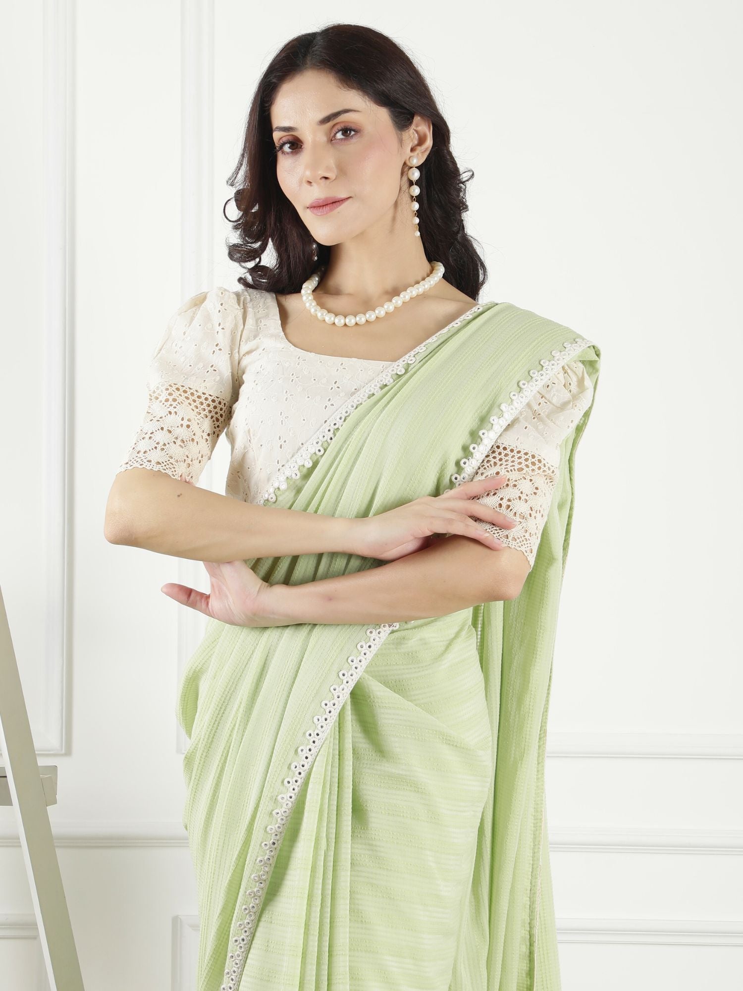 Krishna pastel green cotton saree with blouse