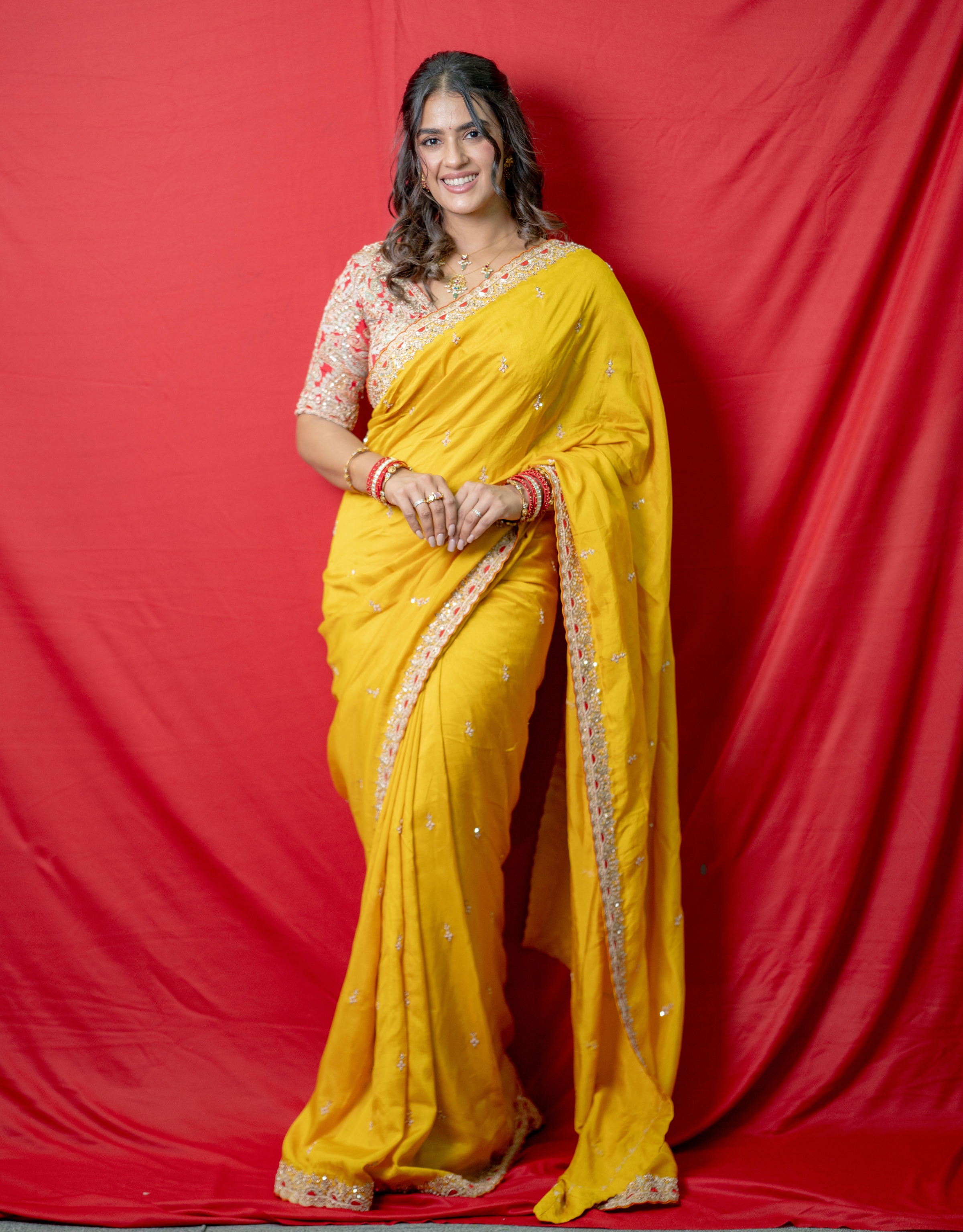 Yellow Silk Saree with Printed Red Work Blouse