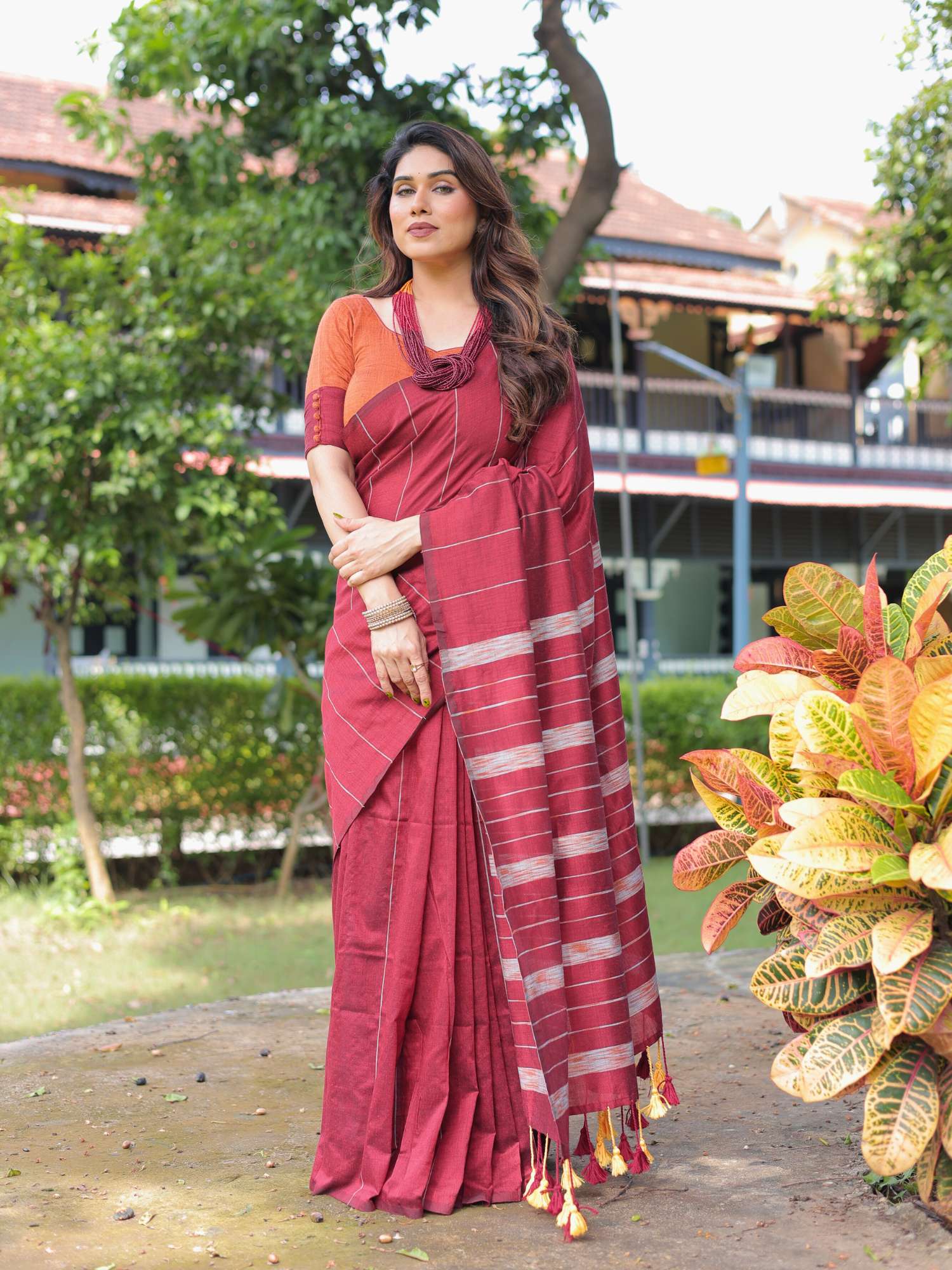 Durga cotton saree with contrast blouse.