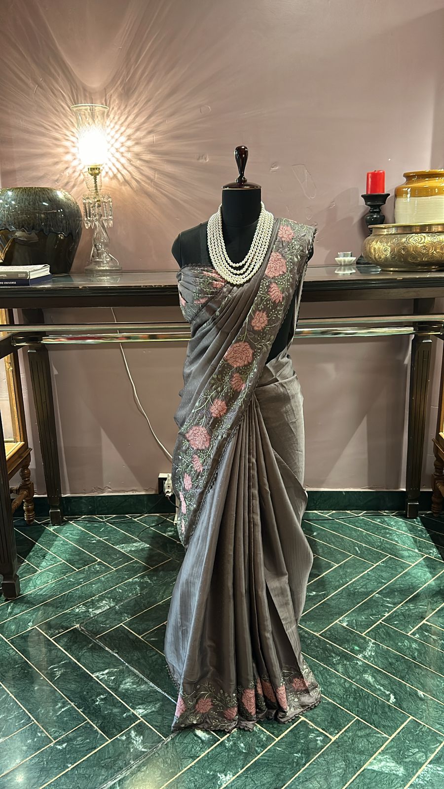 Grey Uppada Silk Saree with Rose Embroidered Borders