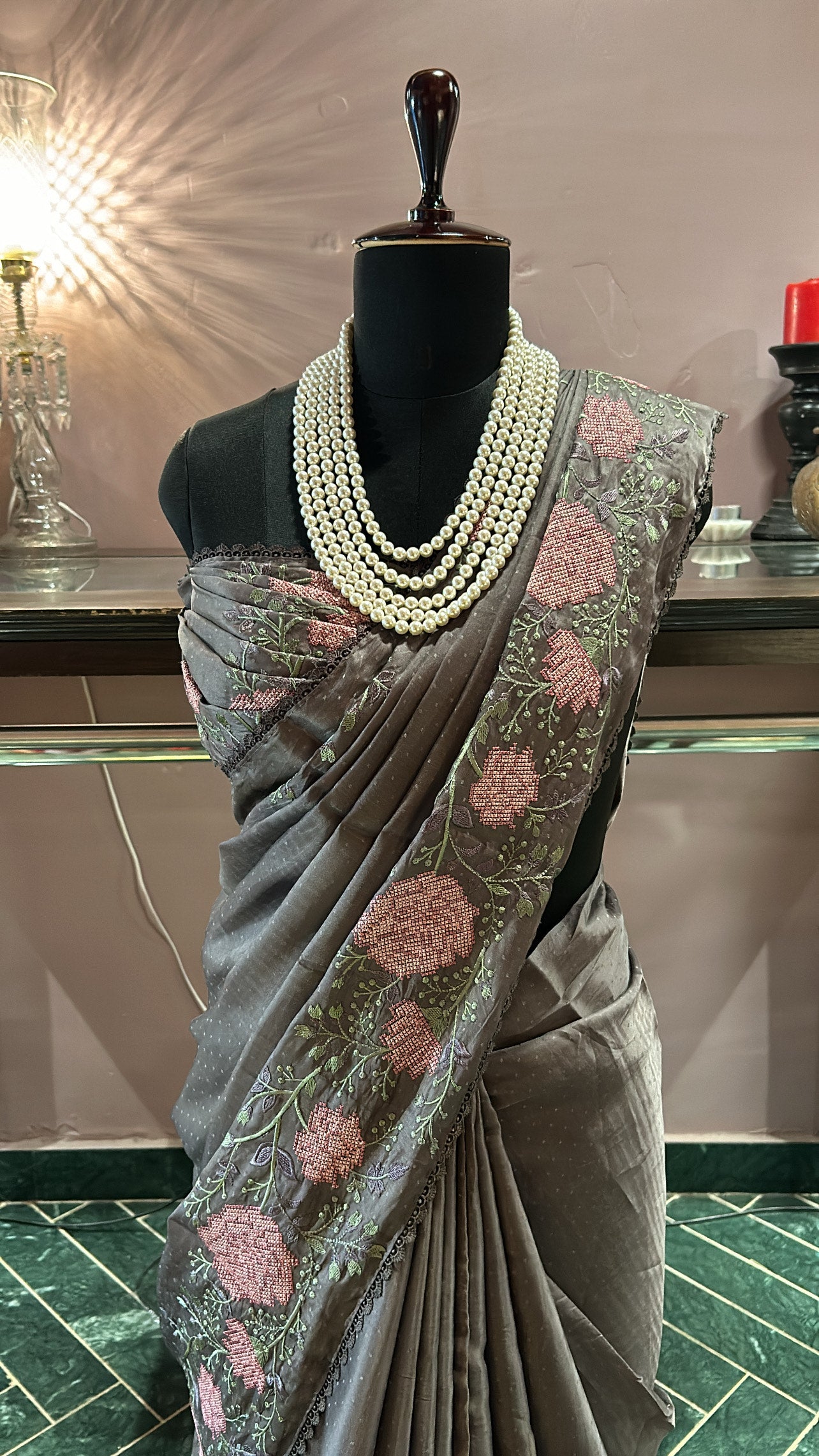 Grey Uppada Silk Saree with Rose Embroidered Borders