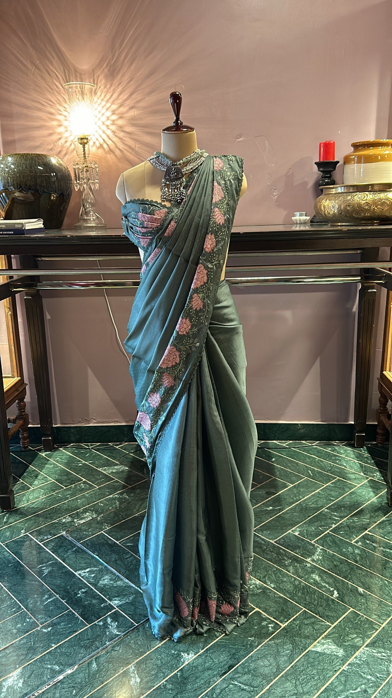 Sage Green Uppada Silk Saree with Rose Embroidered Borders