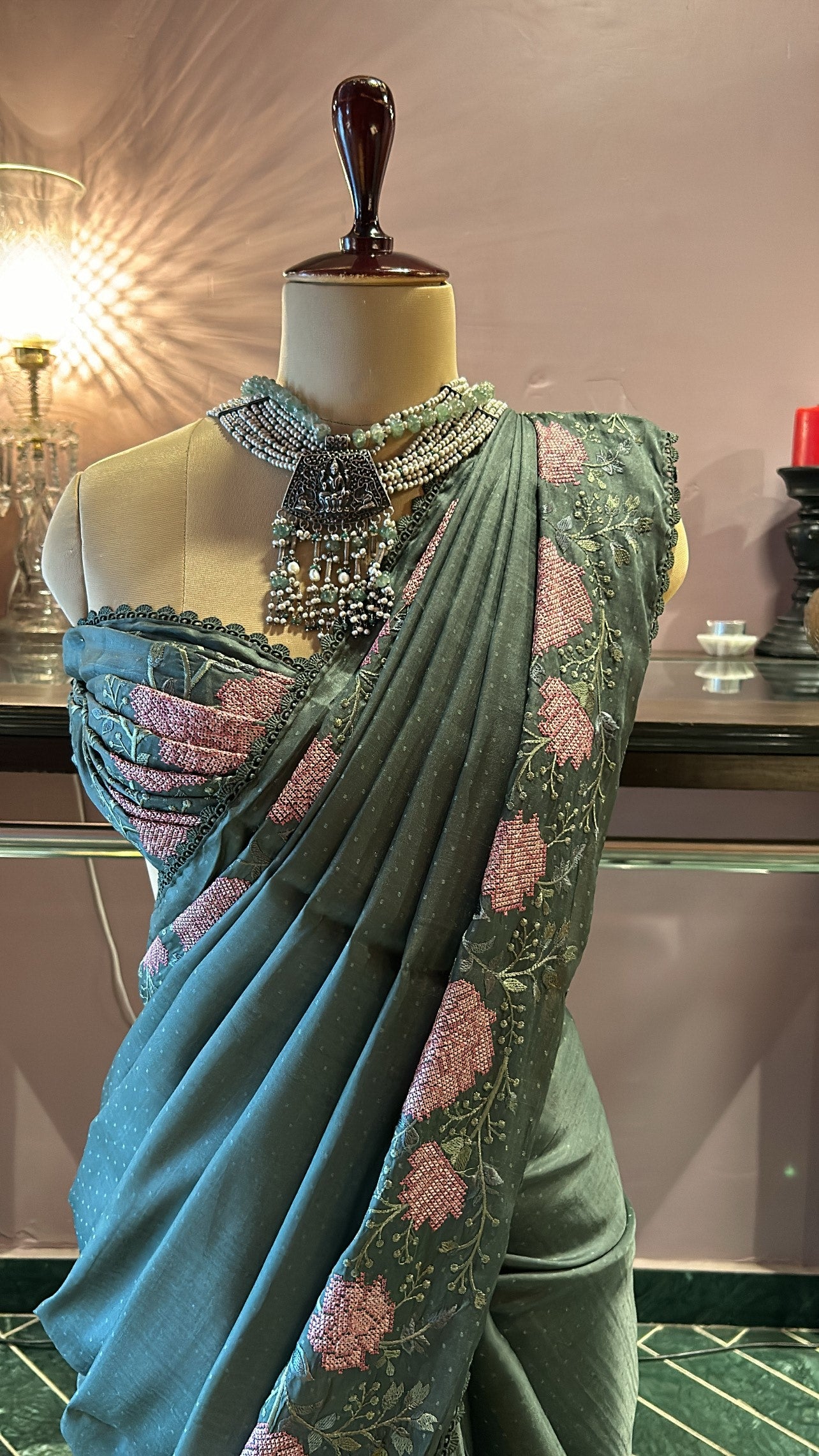 Sage Green Uppada Silk Saree with Rose Embroidered Borders