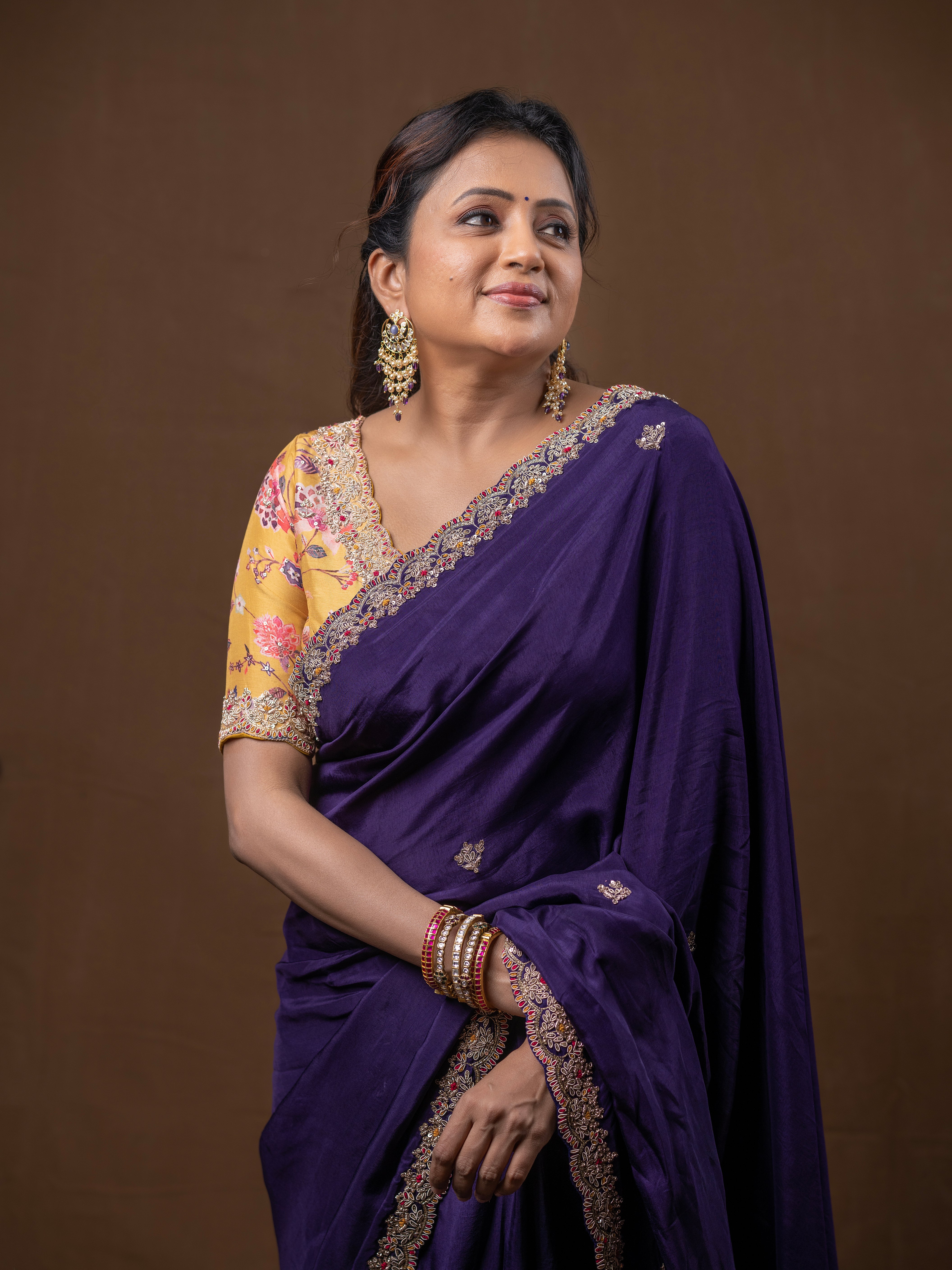 Purple Silk Saree with Yellow Printed work Blouse