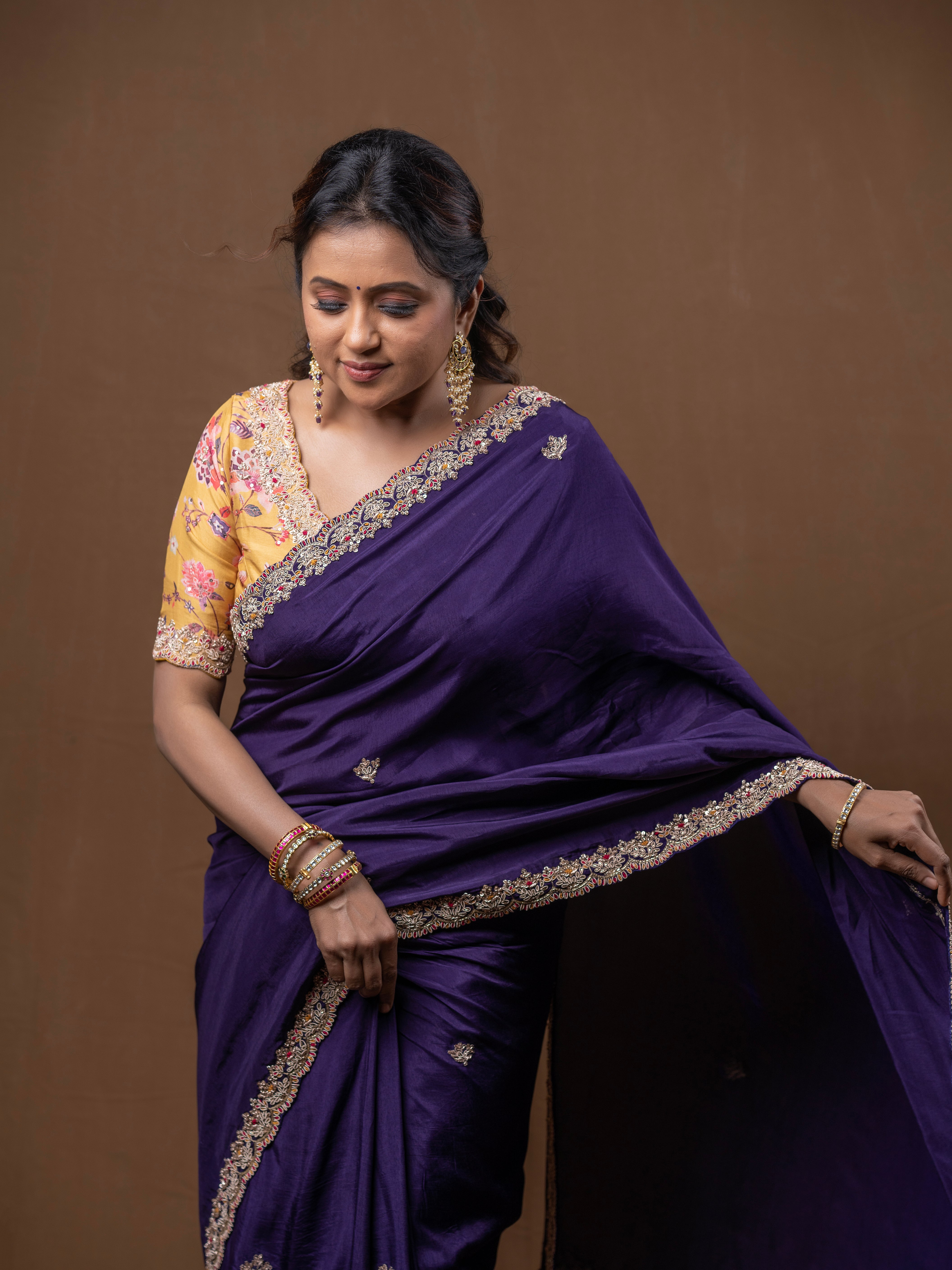 Purple Silk Saree with Yellow Printed work Blouse