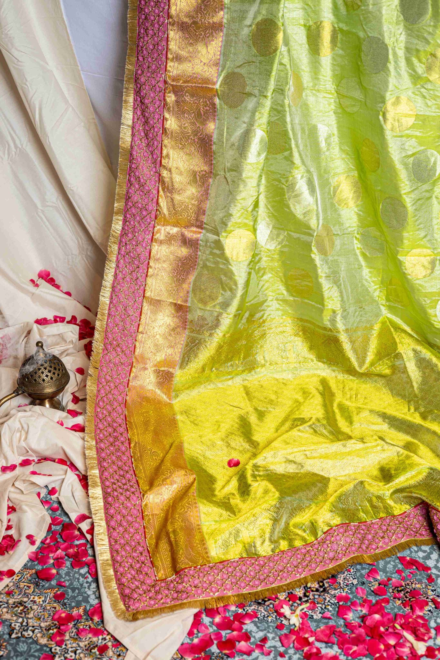 Venkatgiri Pink Tissue Polkadot Saree with Zardosi and Chikankari Border