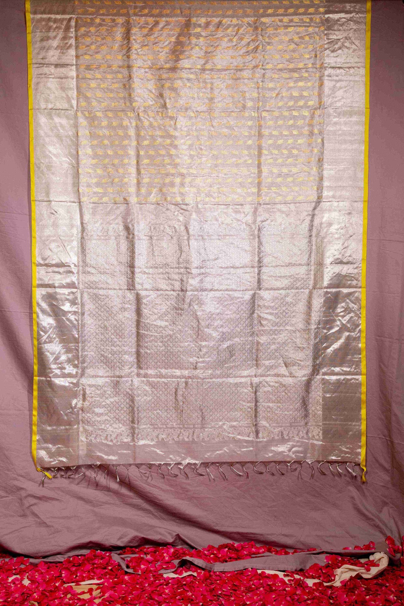 Silver Tissue Venkatgiri Saree with Lemon Yellow Trim and Gold Zari Booti