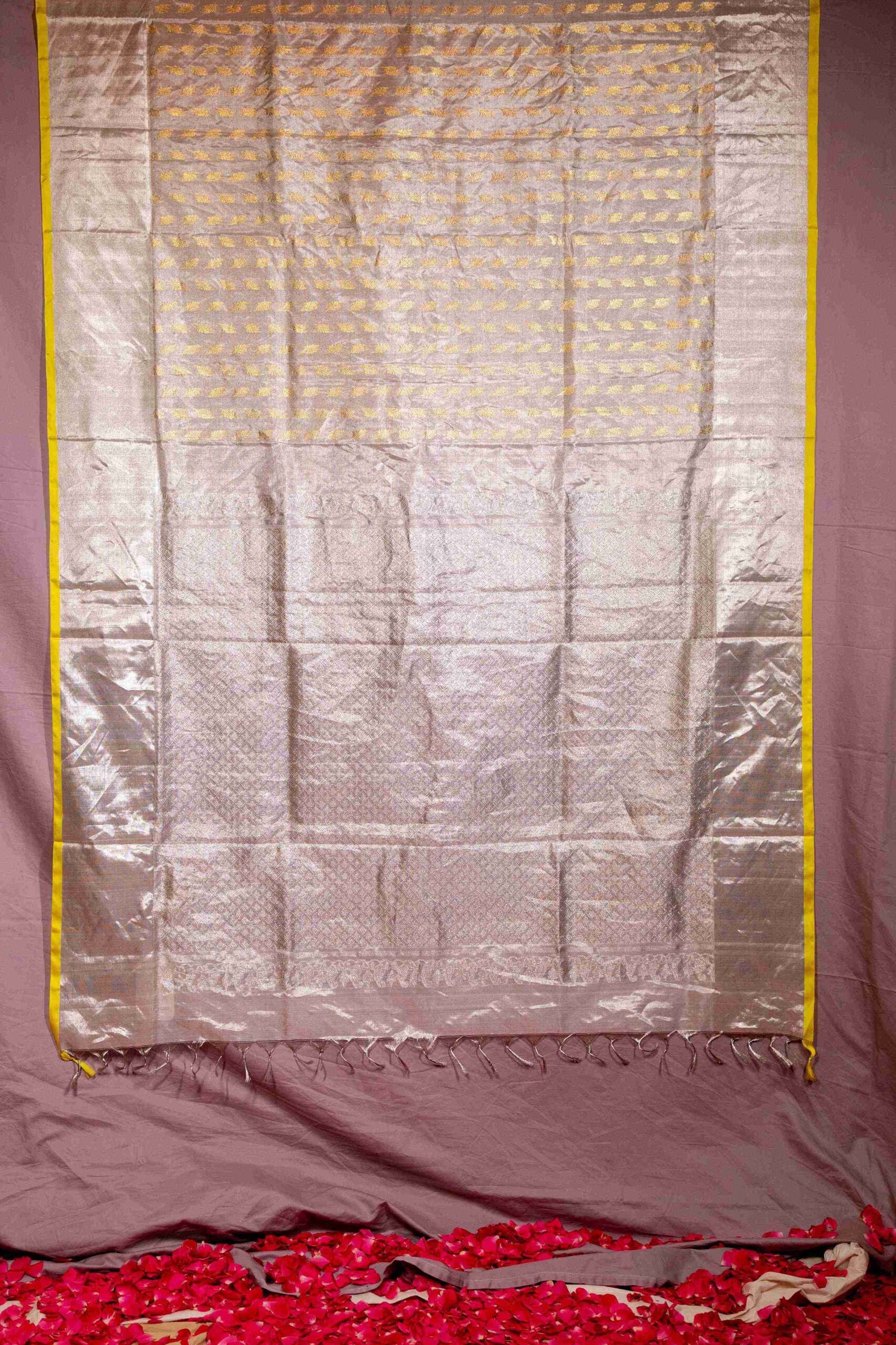 Silver Tissue Venkatgiri Saree with Lemon Yellow Trim and Gold Zari Booti