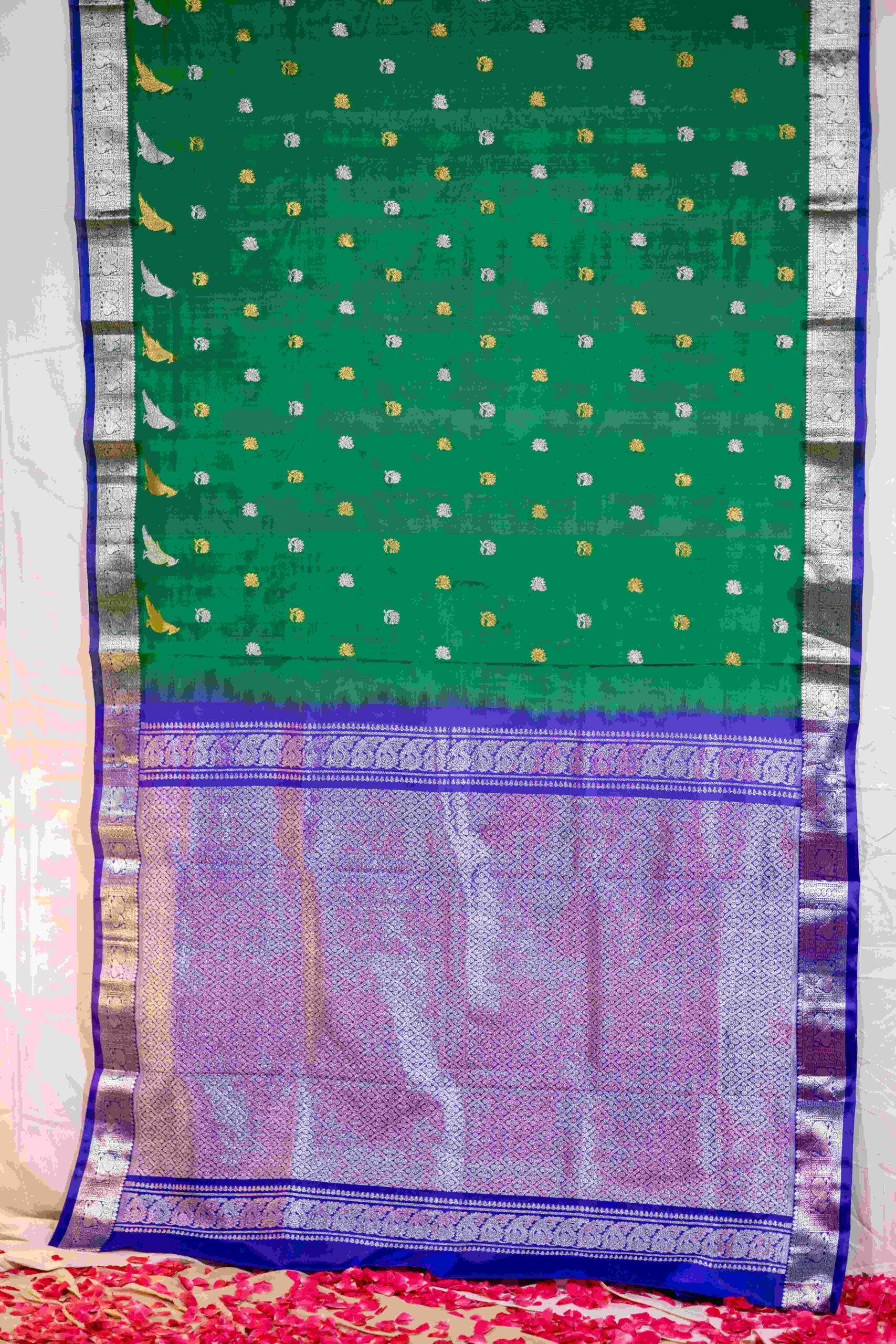 Emerald Green Venkatgiri Saree with Blue Border and Floral Paisley Parrot Motifs