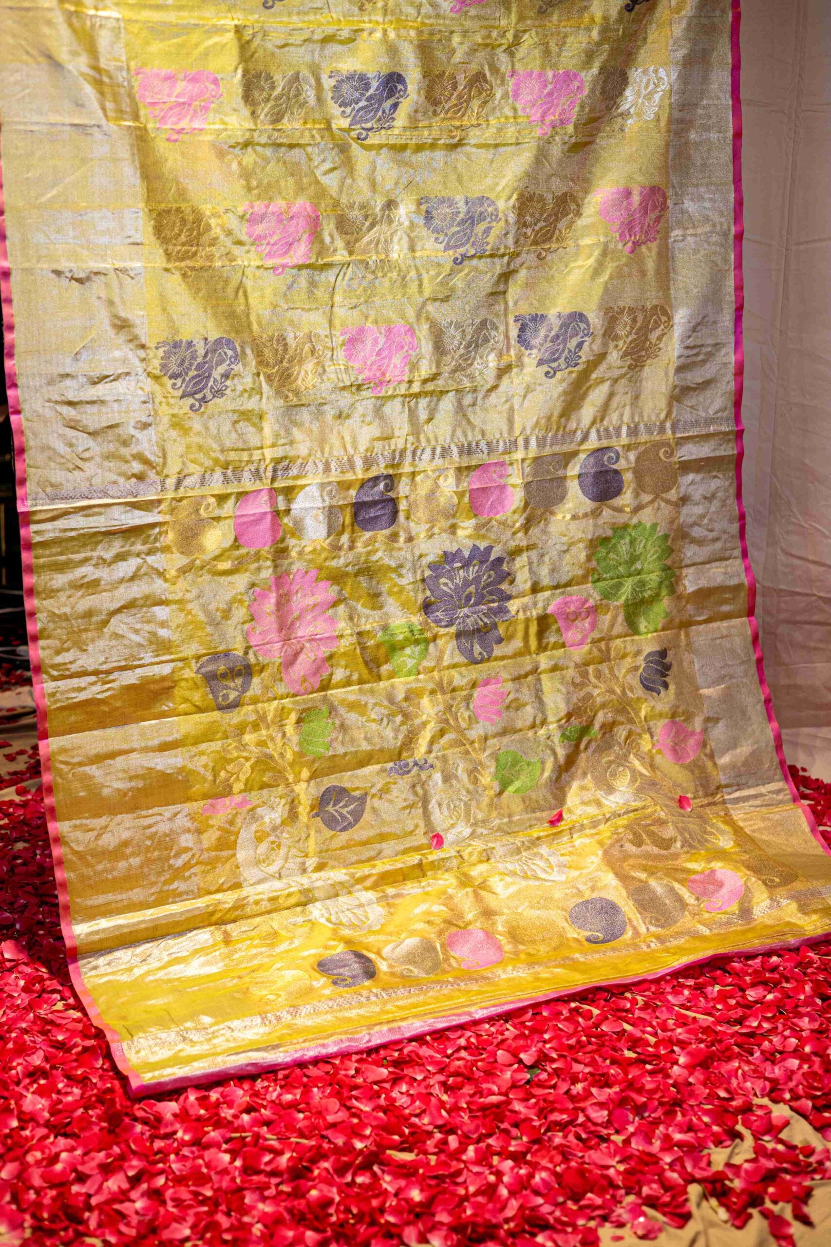 Neon Yellow Venkatgiri Tissue Saree with Neon Pink Trim