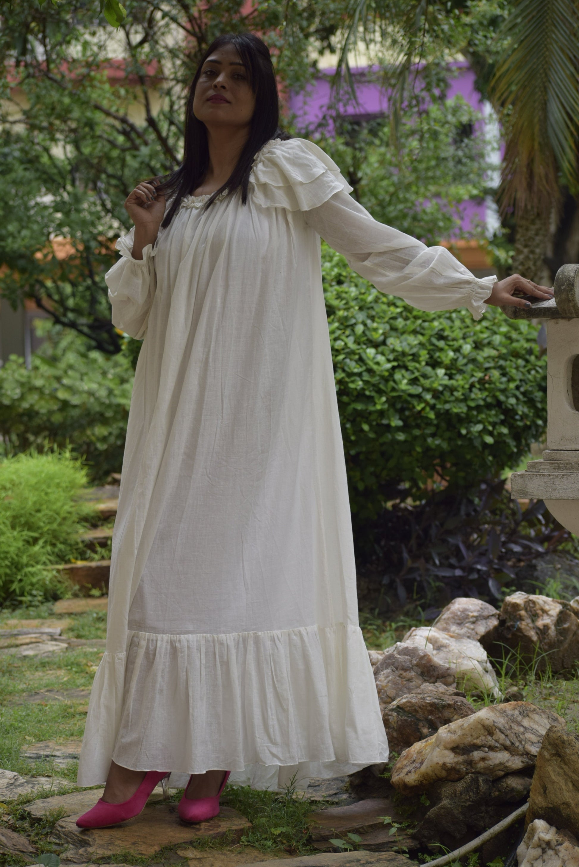 AEOLIAN FANTASYMuslin Cotton Long & Loose Designer Maxi Dress | Casual Retro Dress For Summer with Long Ruffled Sleeves