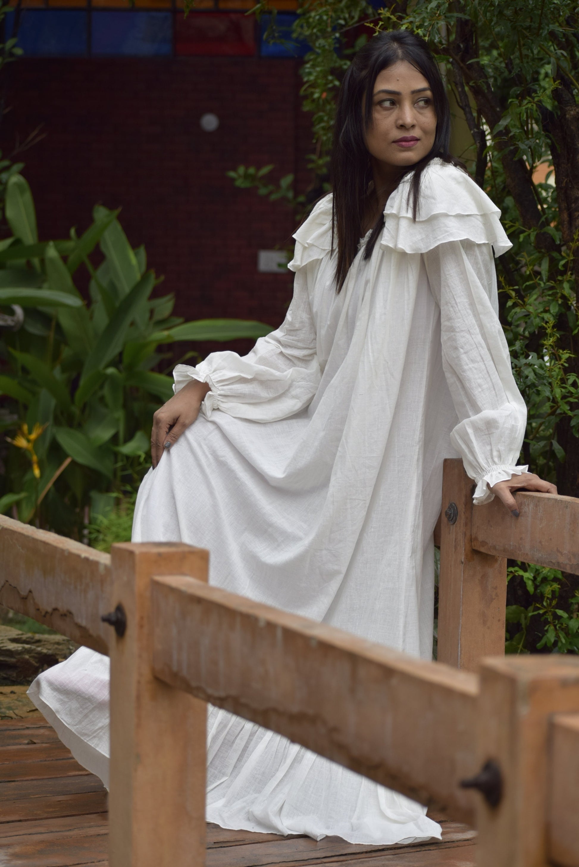 AEOLIAN FANTASYMuslin Cotton Long & Loose Designer Maxi Dress | Casual Retro Dress For Summer with Long Ruffled Sleeves