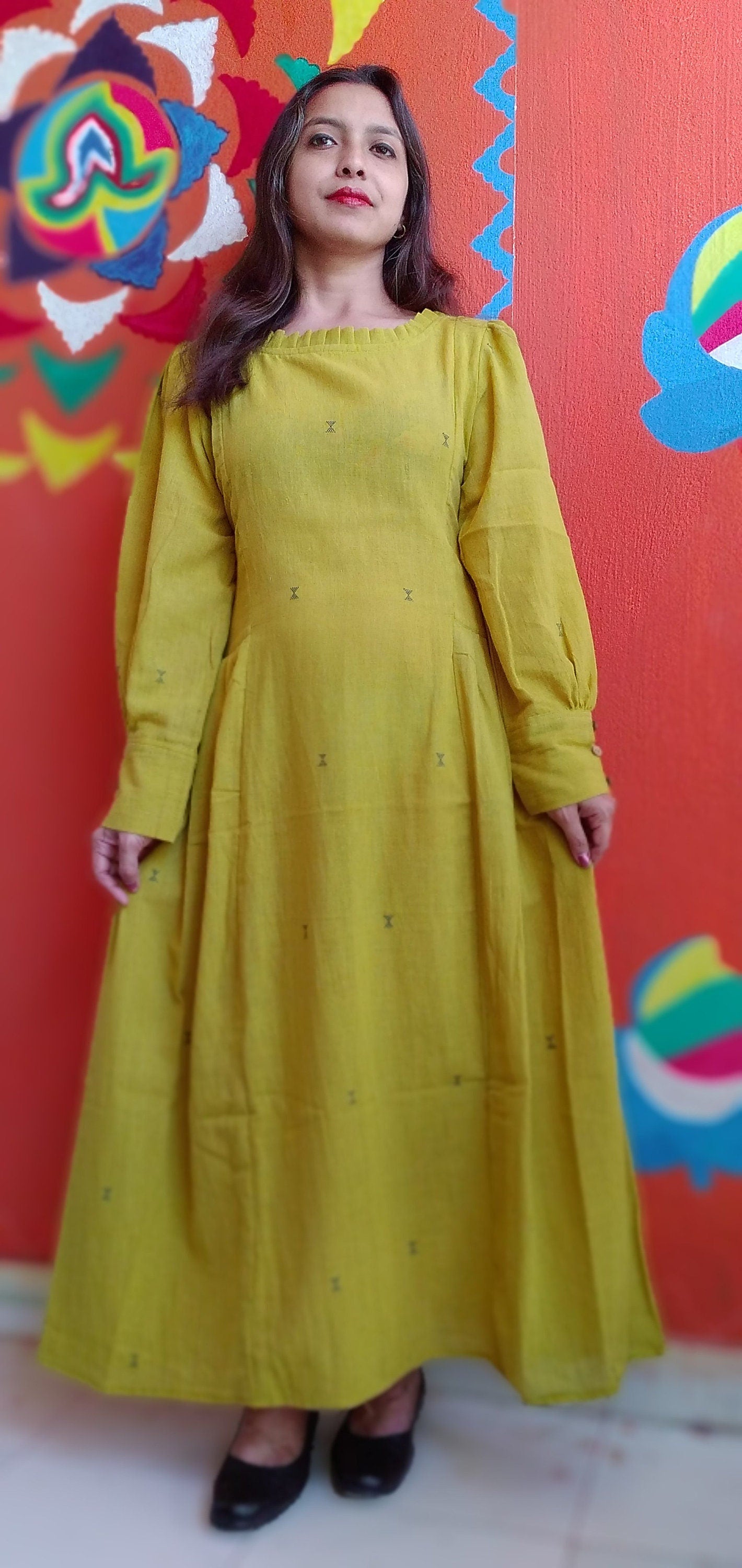 MONOLOGUE,Chrome Yellow Pleated RoundNeck ,long Sleeved,Fit & Flare Dress