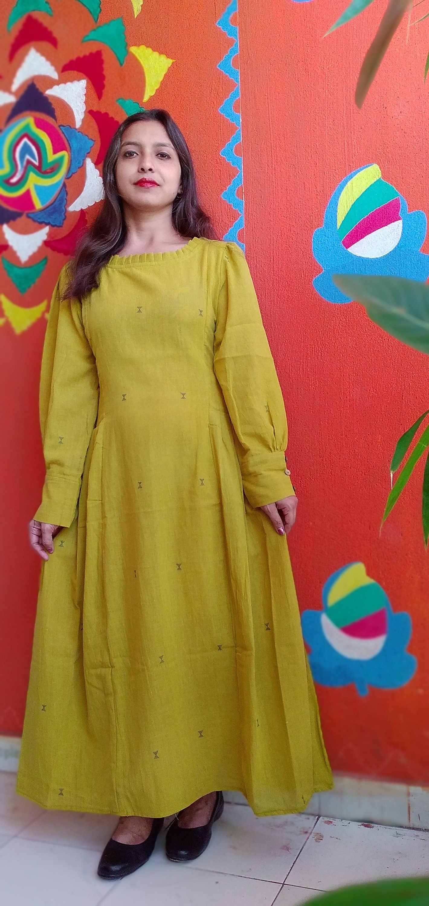 MONOLOGUE,Chrome Yellow Pleated RoundNeck ,long Sleeved,Fit & Flare Dress