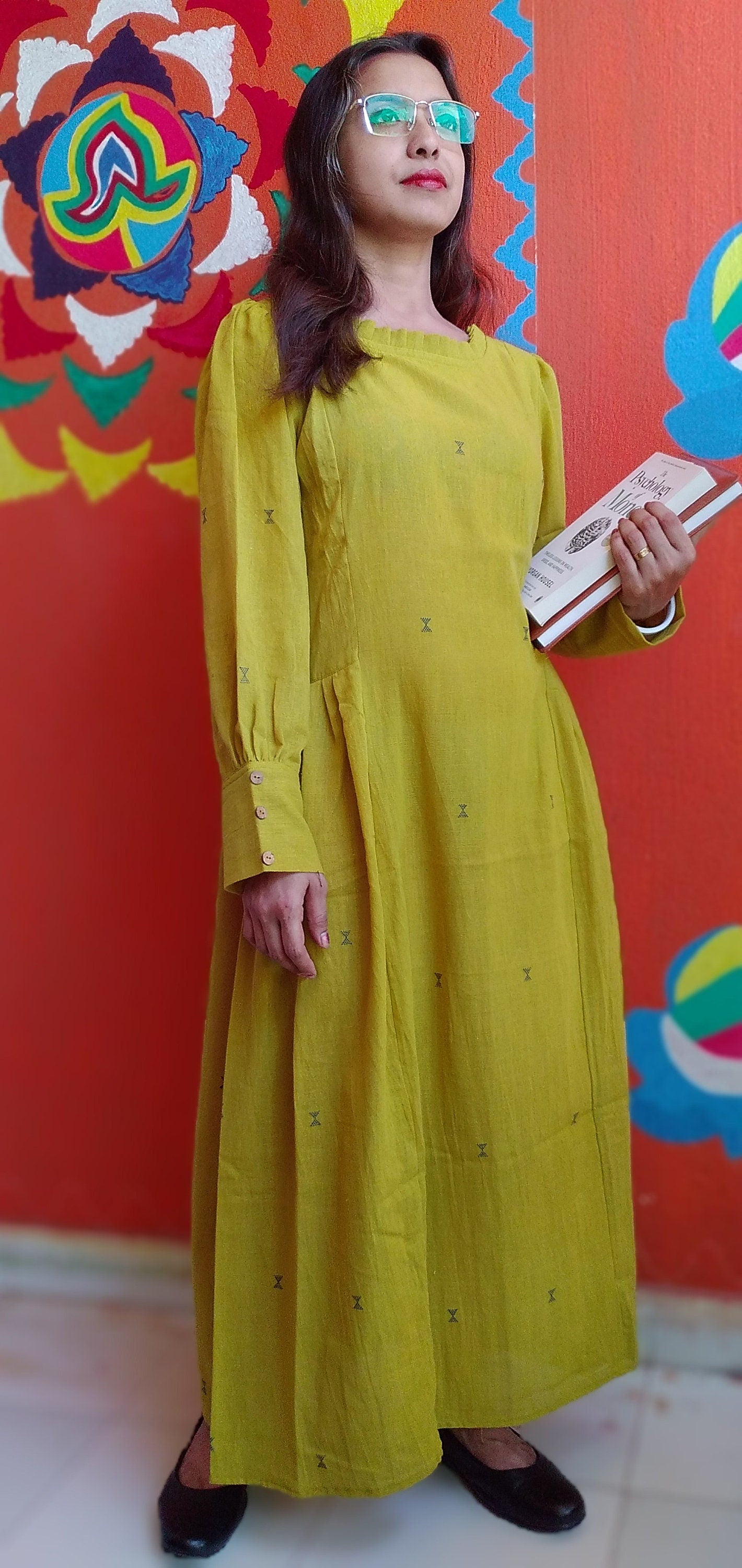 MONOLOGUE,Chrome Yellow Pleated RoundNeck ,long Sleeved,Fit & Flare Dress