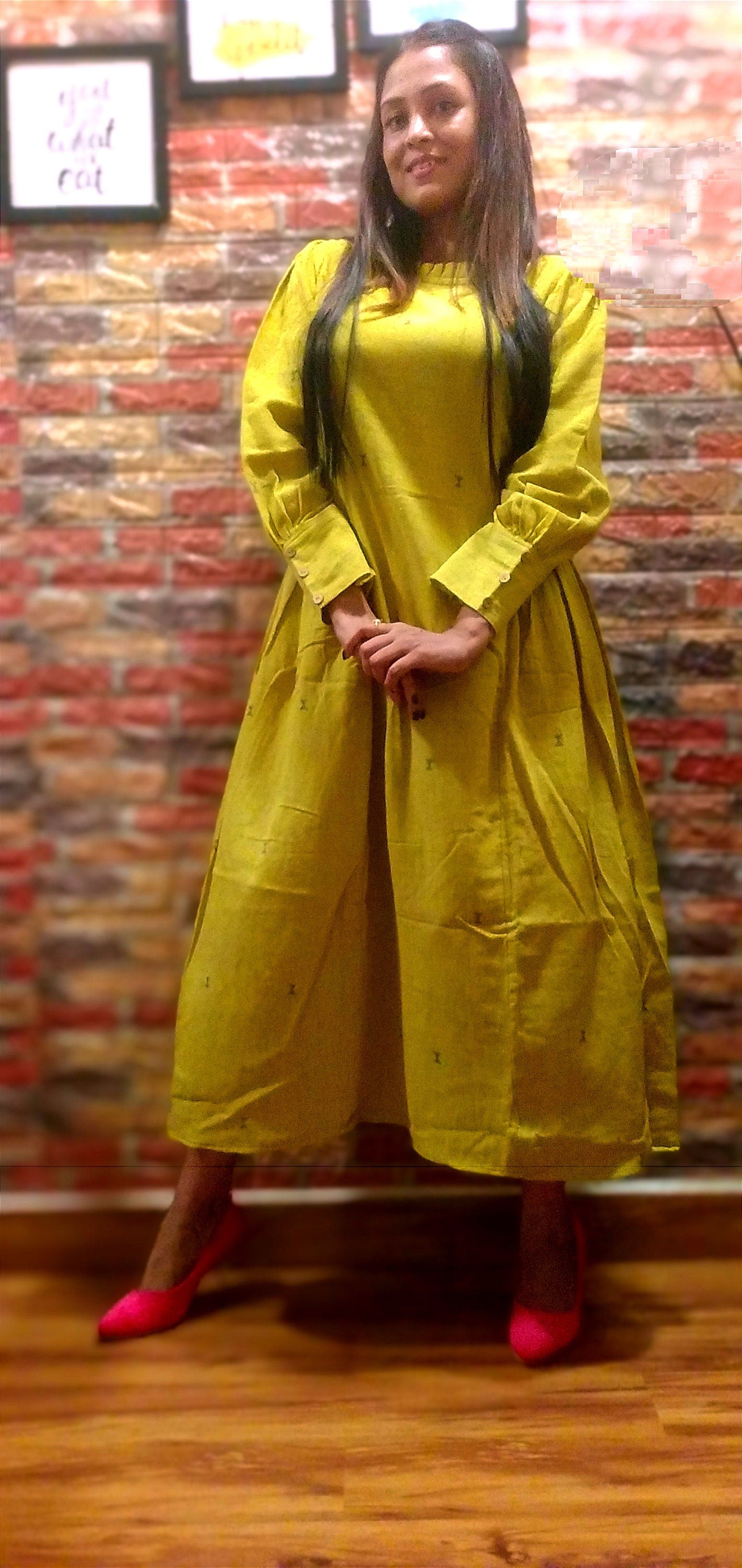 MONOLOGUE,Chrome Yellow Pleated RoundNeck ,long Sleeved,Fit & Flare Dress