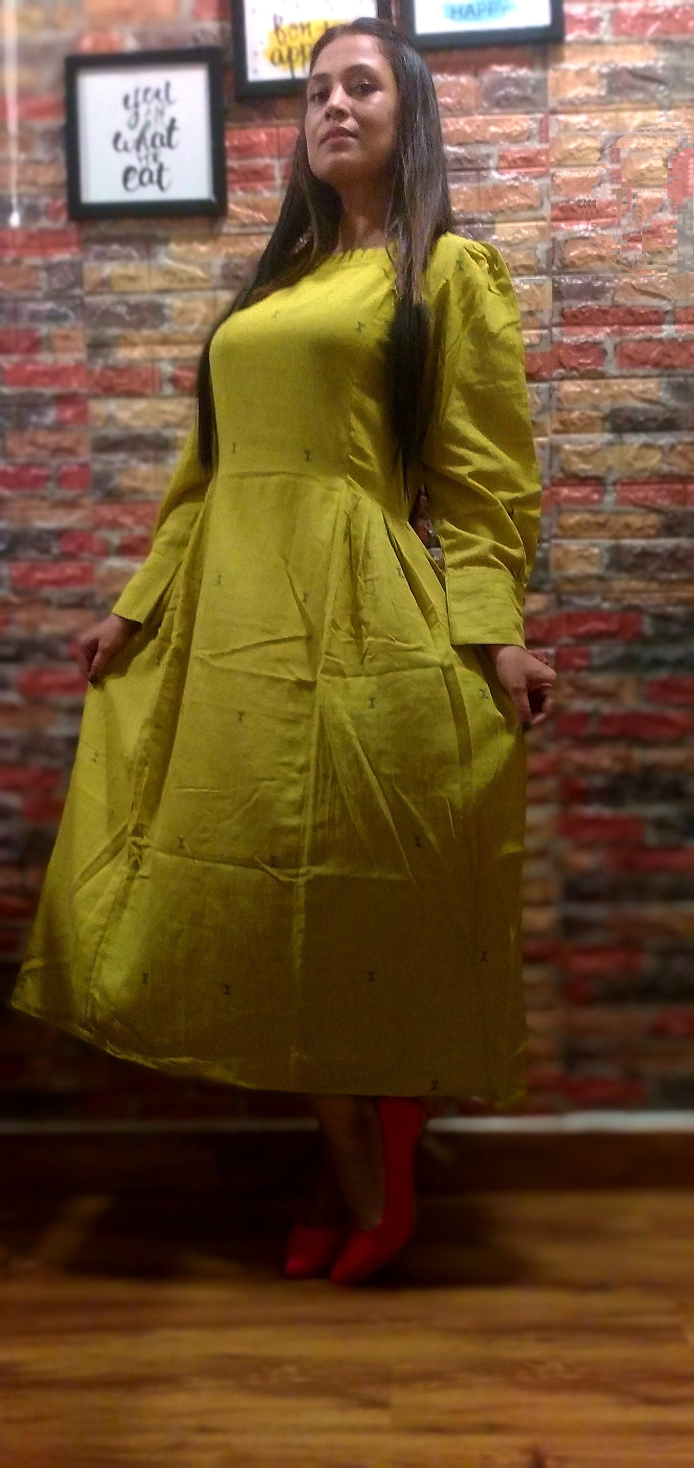 MONOLOGUE,Chrome Yellow Pleated RoundNeck ,long Sleeved,Fit & Flare Dress