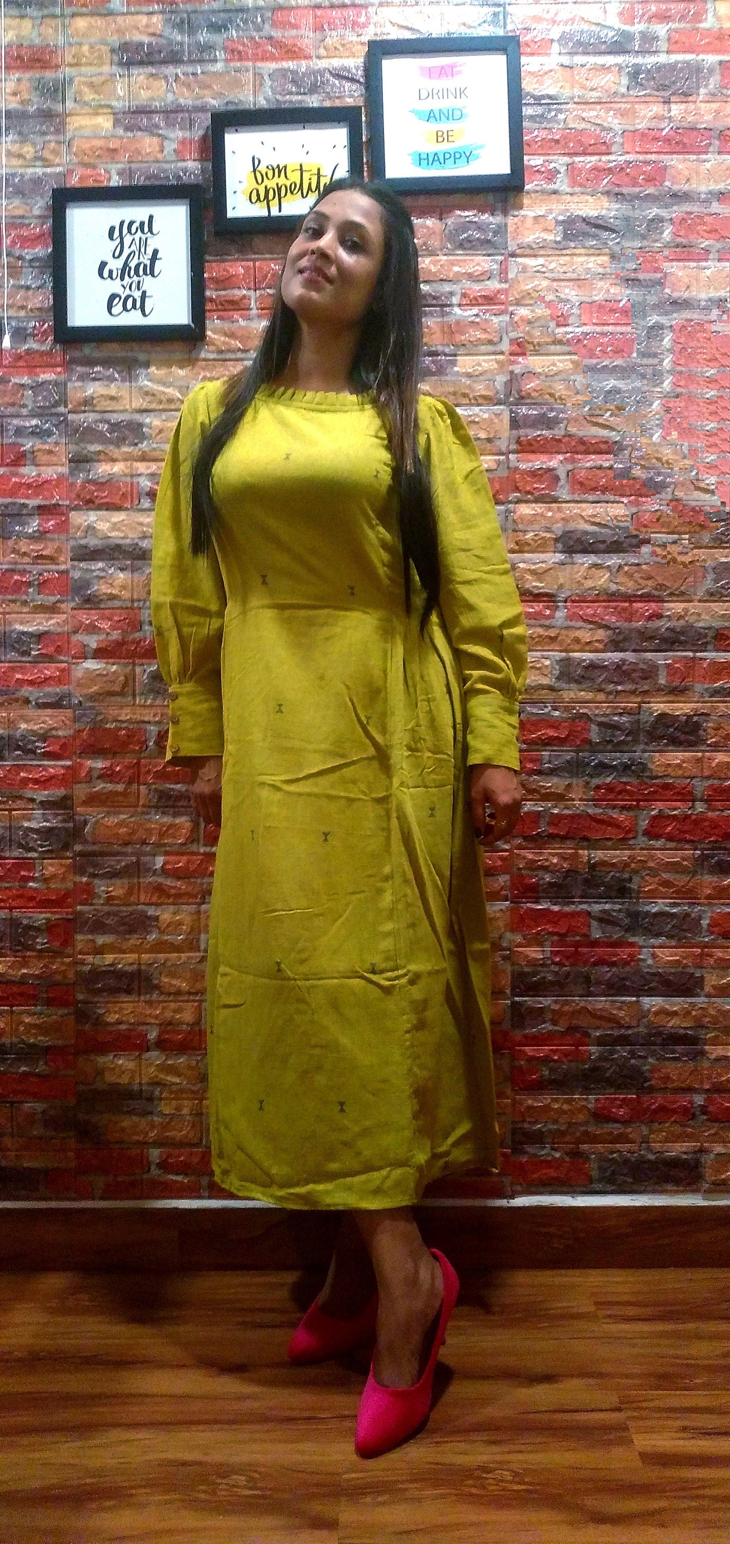 MONOLOGUE,Chrome Yellow Pleated RoundNeck ,long Sleeved,Fit & Flare Dress