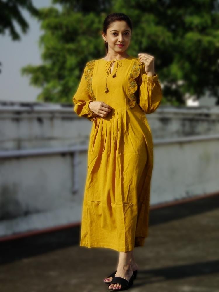 MYKONOS Smart fit,lantern Sleeves Chrome Yellow Cotton Ajrakh Printed Dress with round Stringed Neck, perfect for a beautiful vacation.