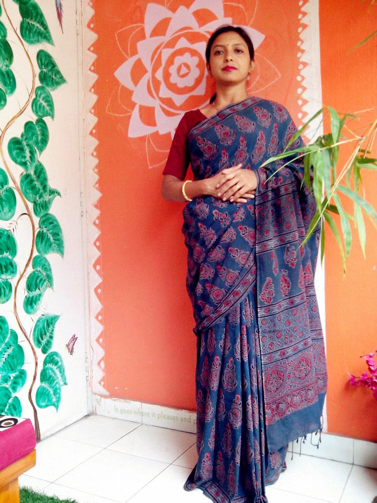 Kalmi - Pure Muslin Cotton Ajrakh Hand Block Print Saree