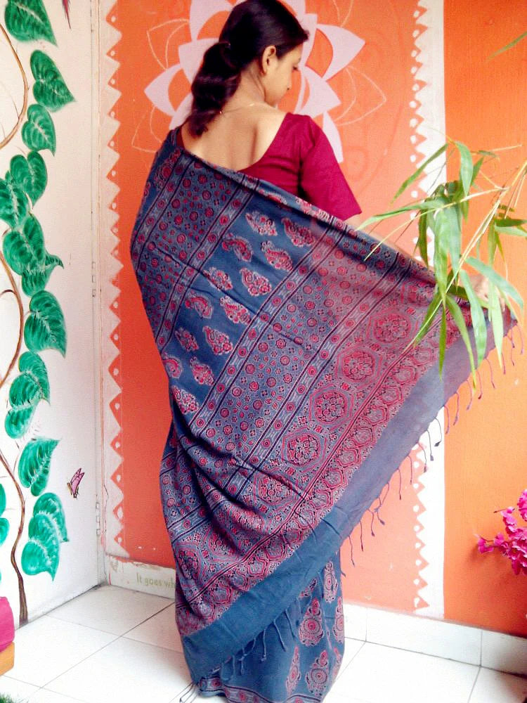 Kalmi - Pure Muslin Cotton Ajrakh Hand Block Print Saree