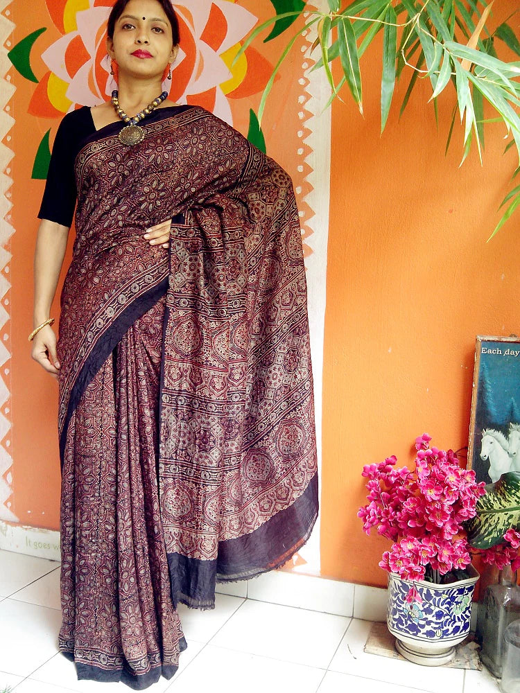 Saujanya - Premium Mulberry Silk Ajrakh Hand Block Print Saree