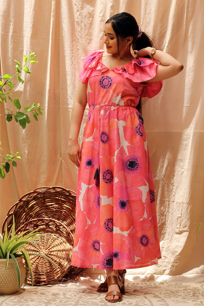 Flamingo Floral Printed Cotton Dress