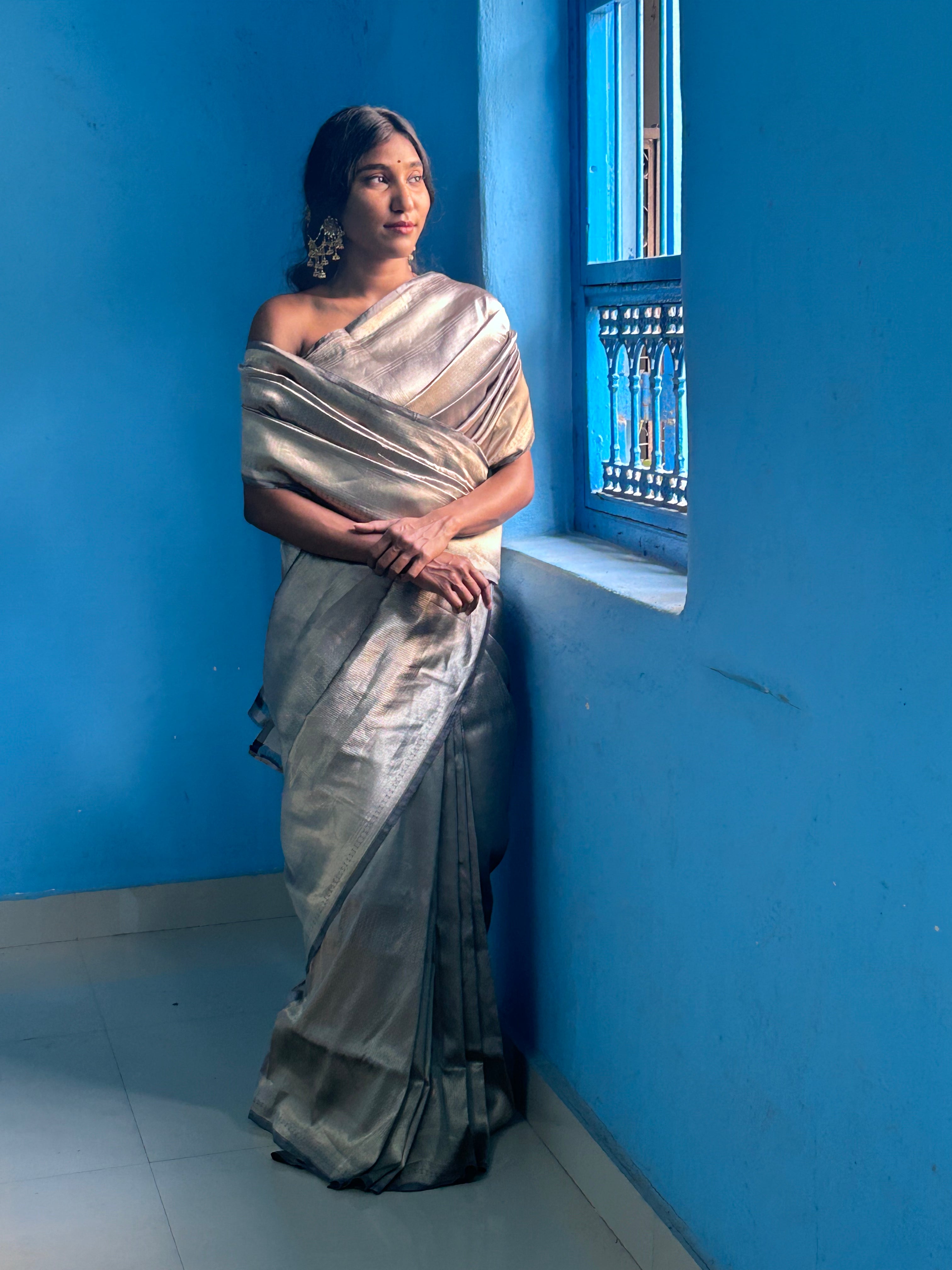 Banaras Grey Silk Saree with Intricate Silver Zari Work