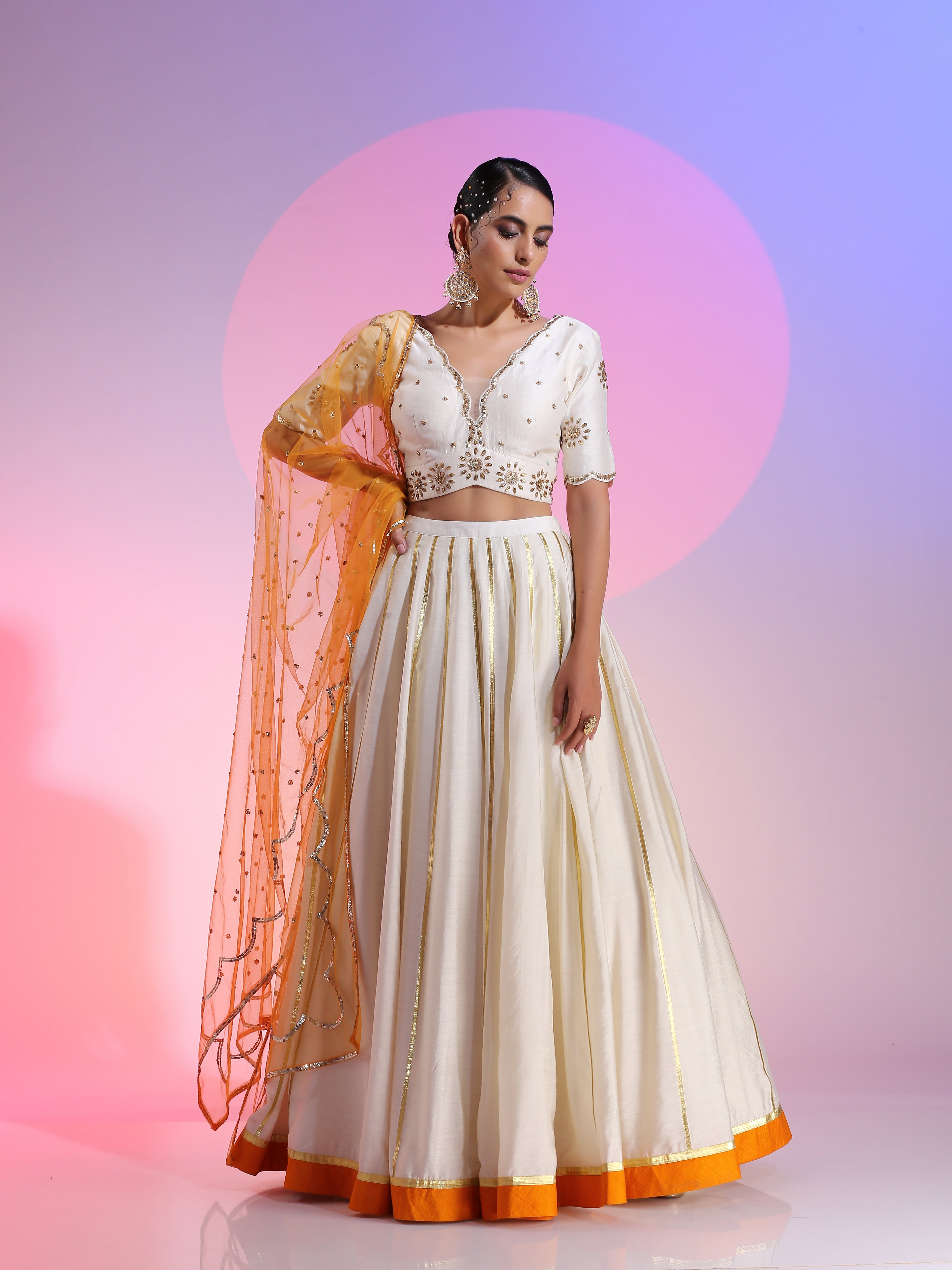 Sequin work ivory and yellow lehenga set