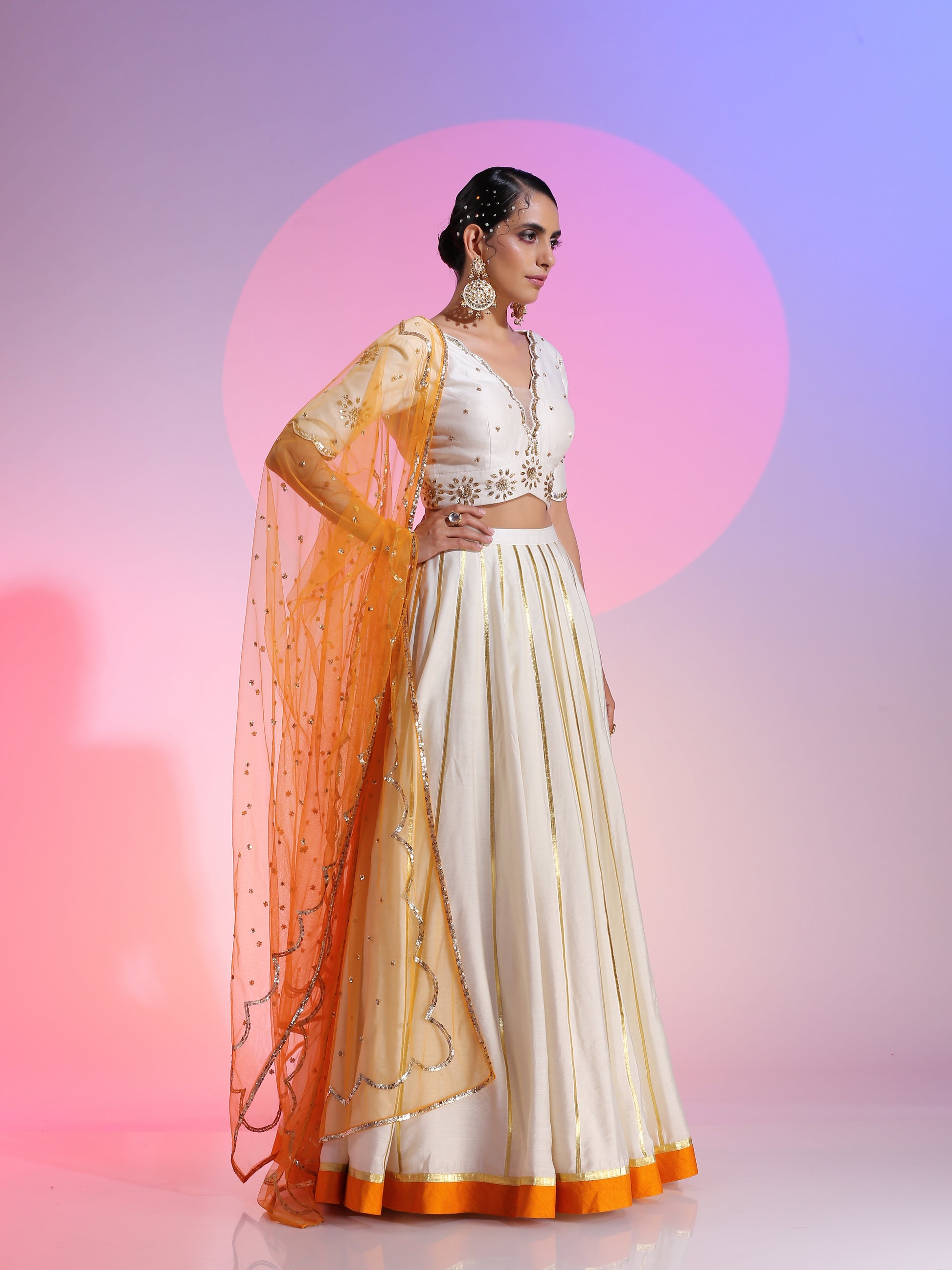 Sequin work ivory and yellow lehenga set