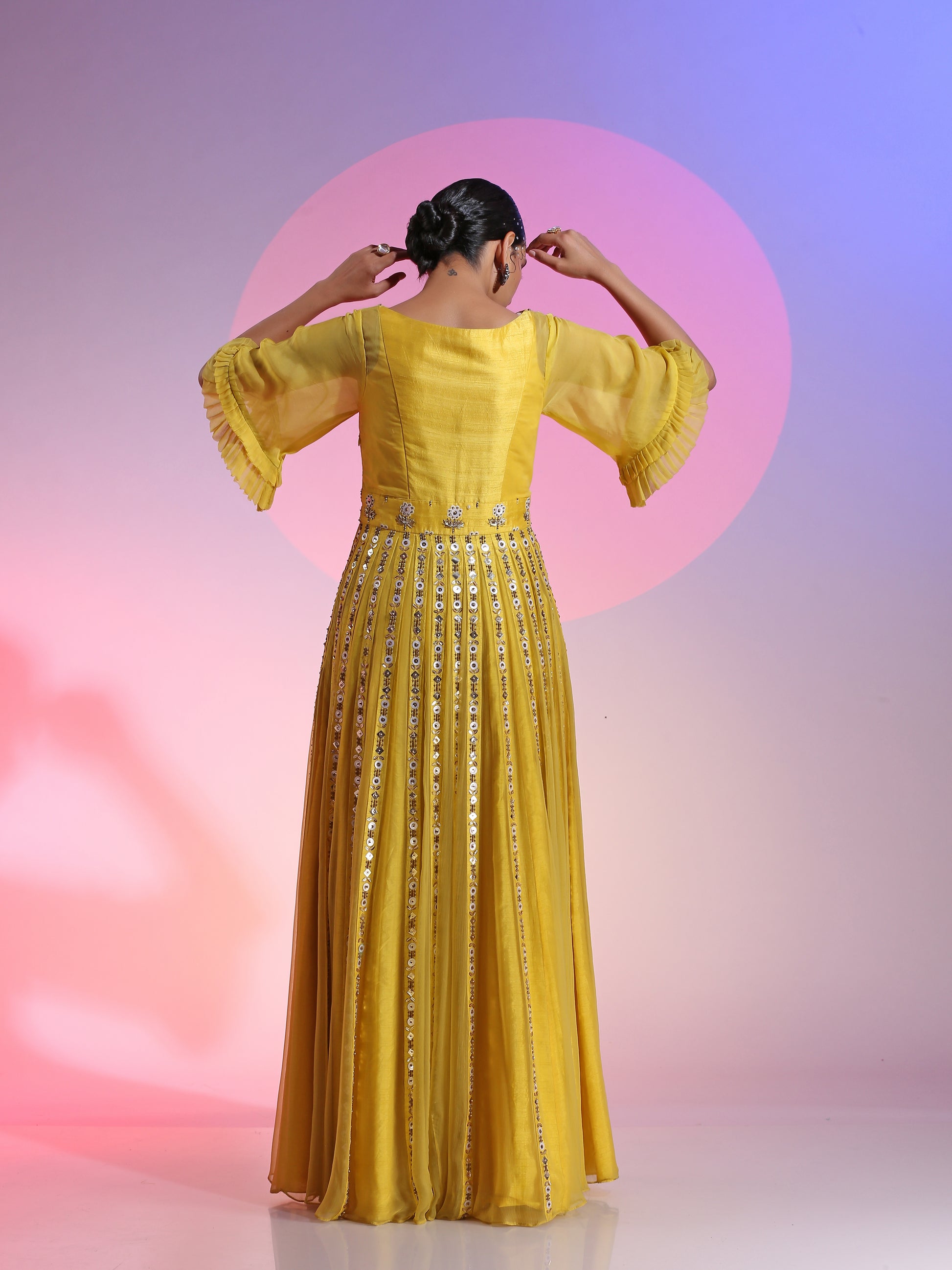 Sequin and beaded layered yellow gown