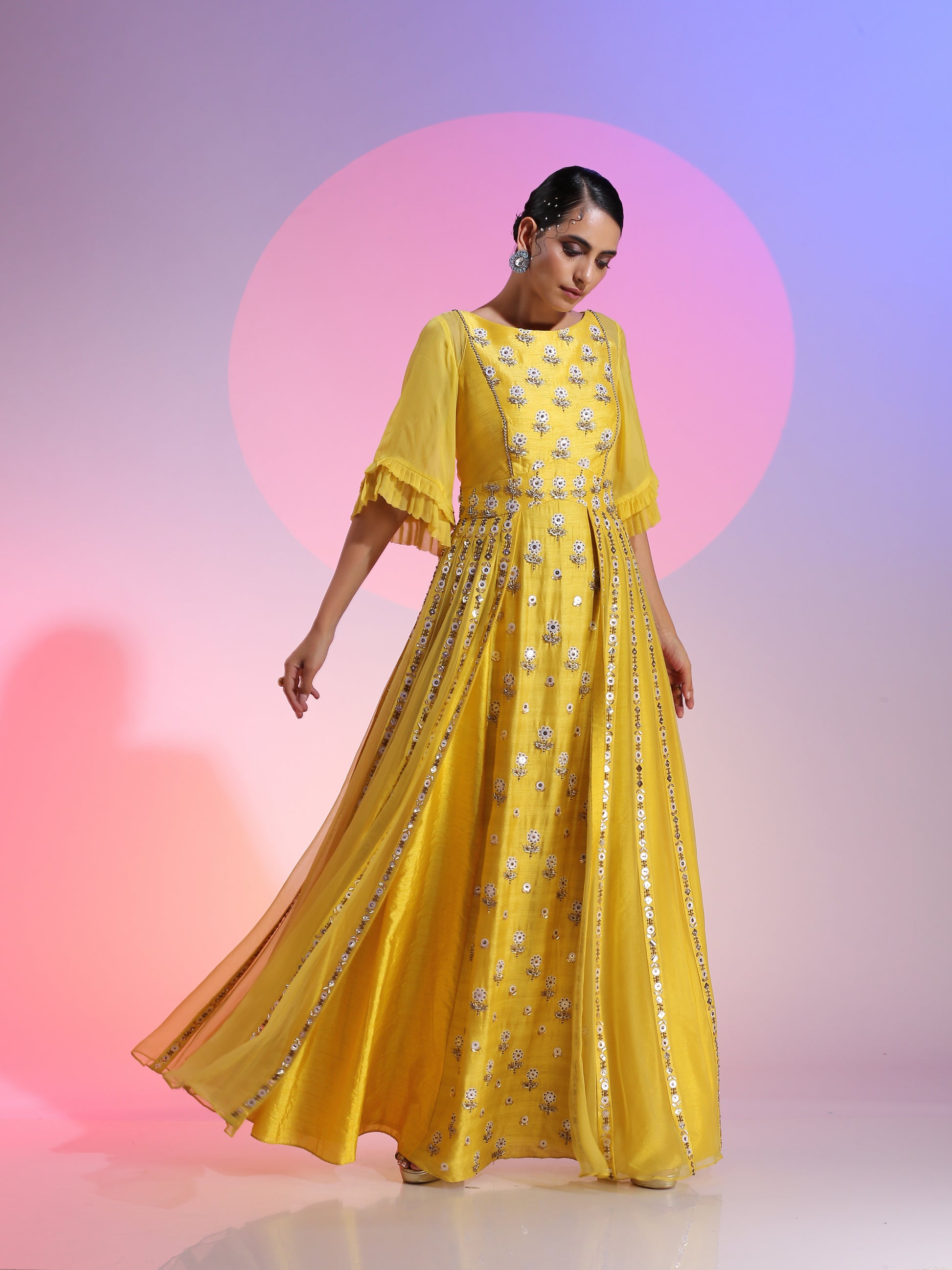 Sequin and beaded layered yellow gown