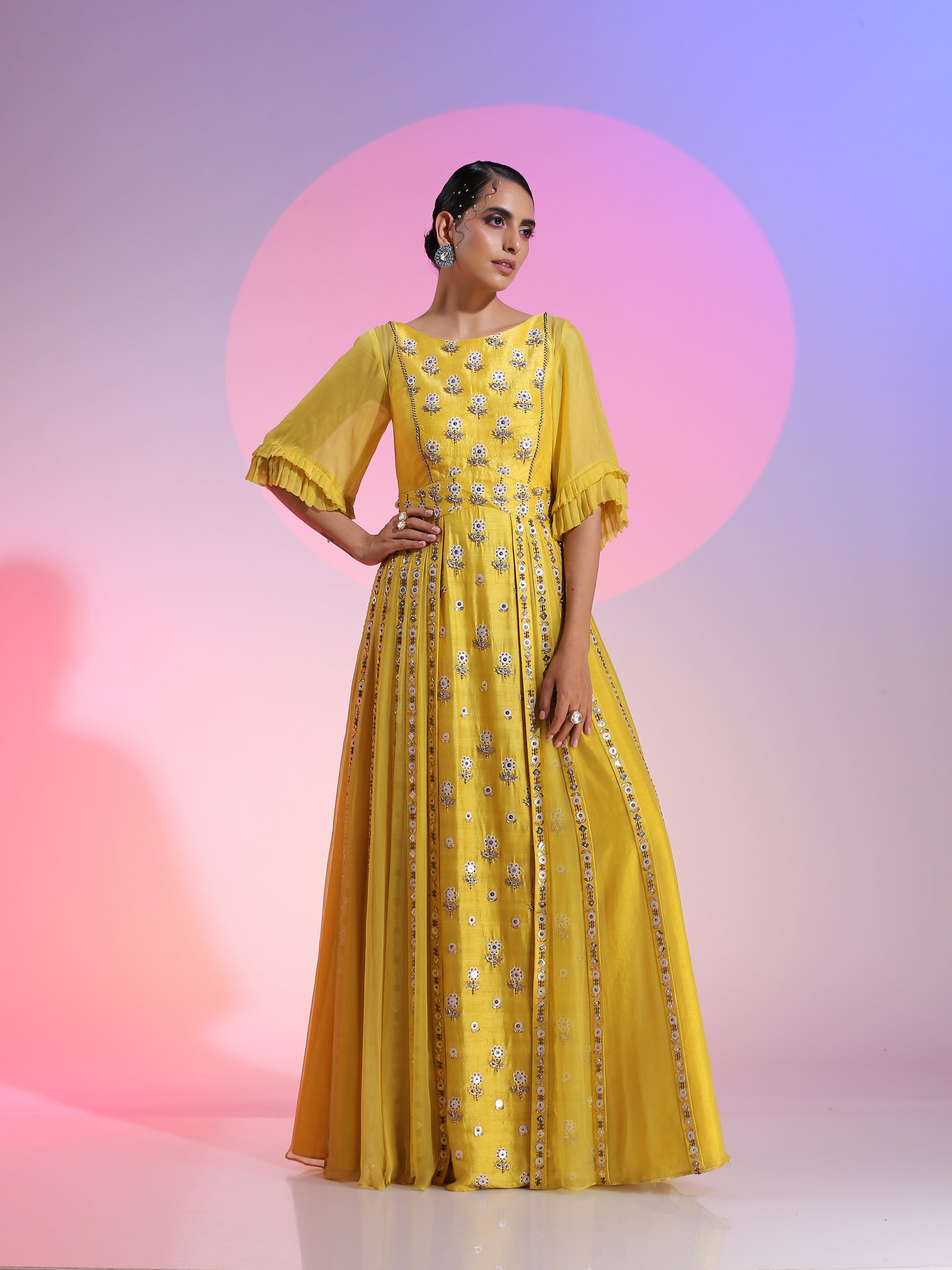 Sequin and beaded layered yellow gown