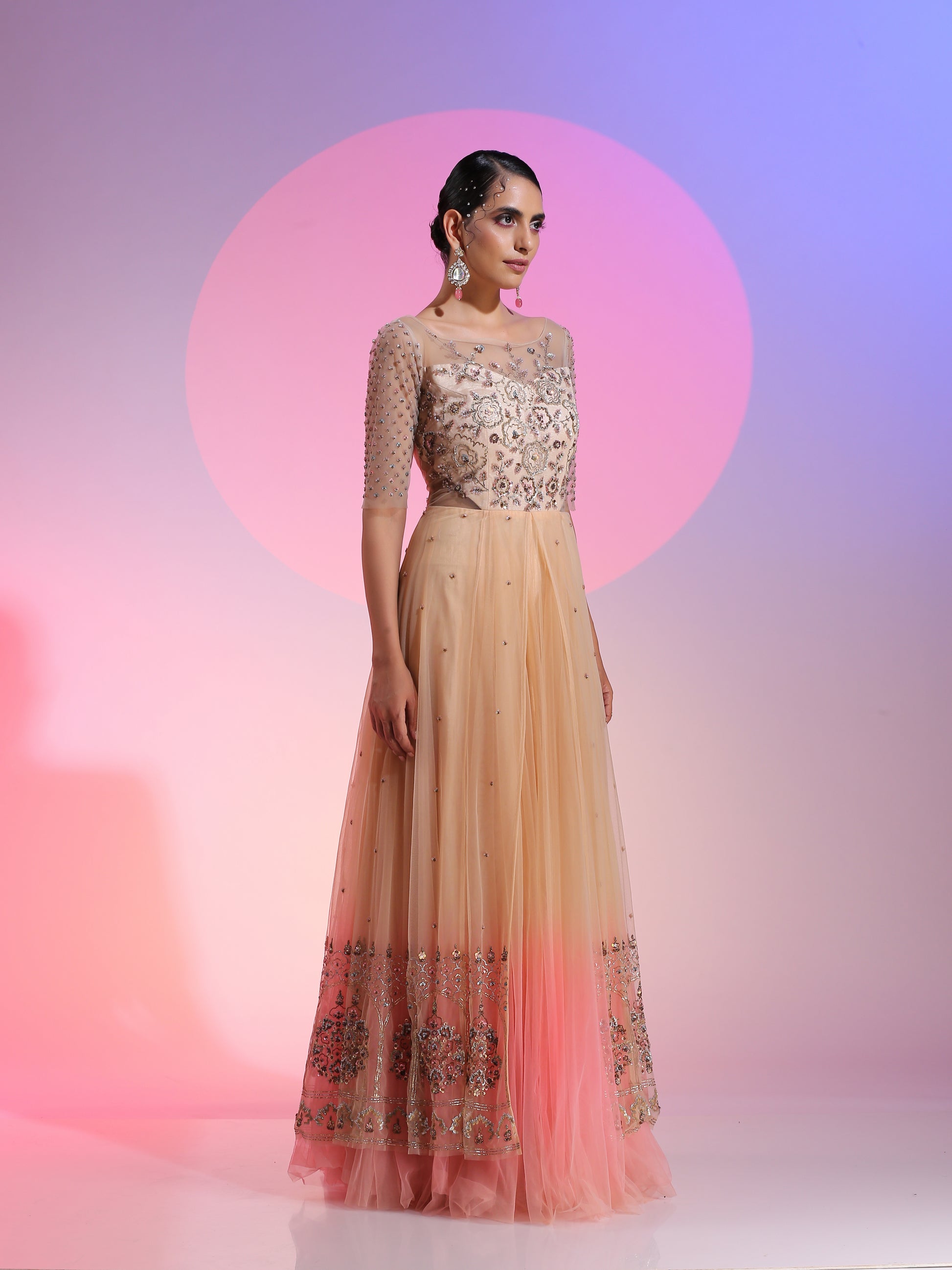 Sequin and beadwork layered net gown