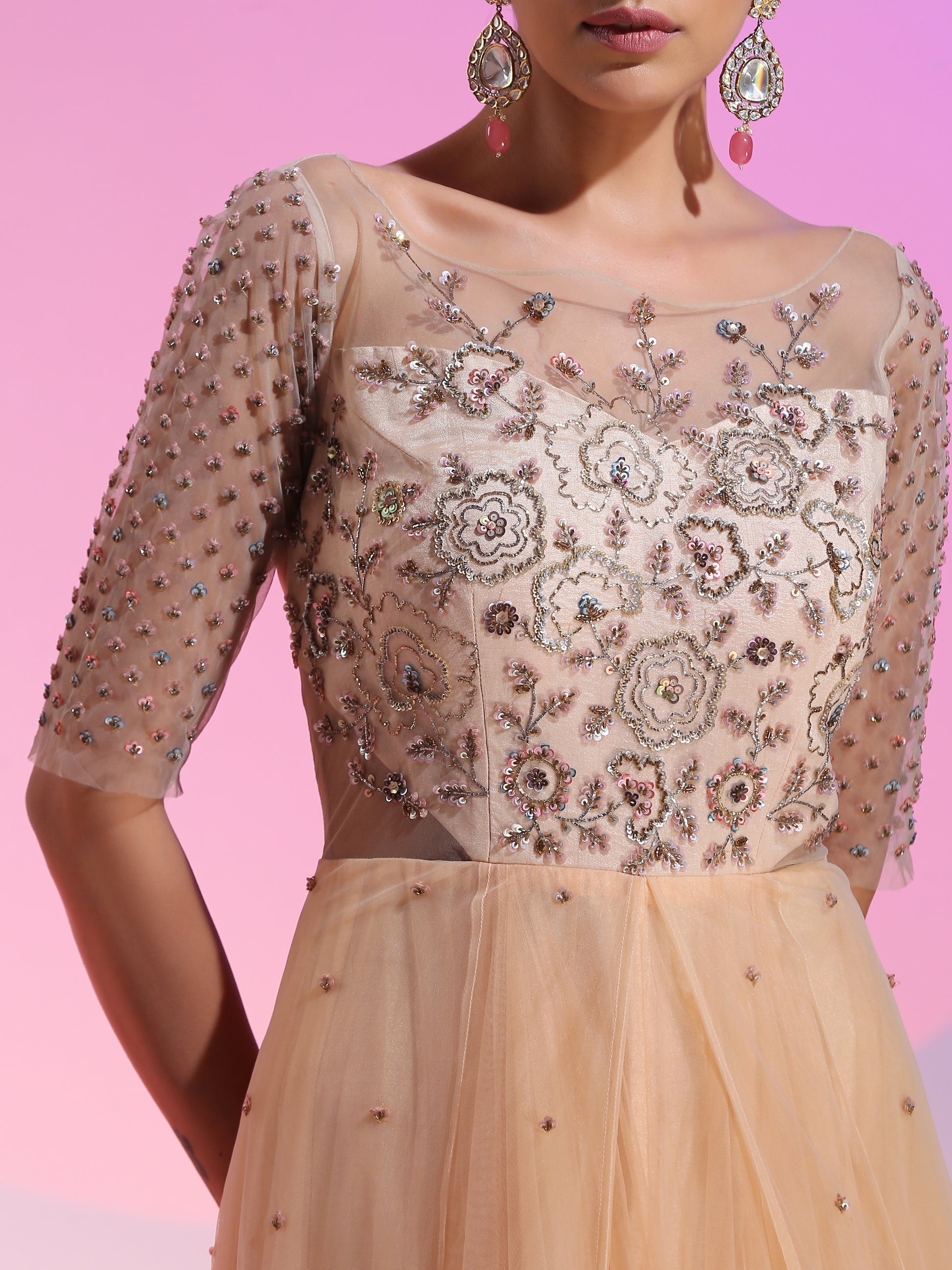 Sequin and beadwork layered net gown