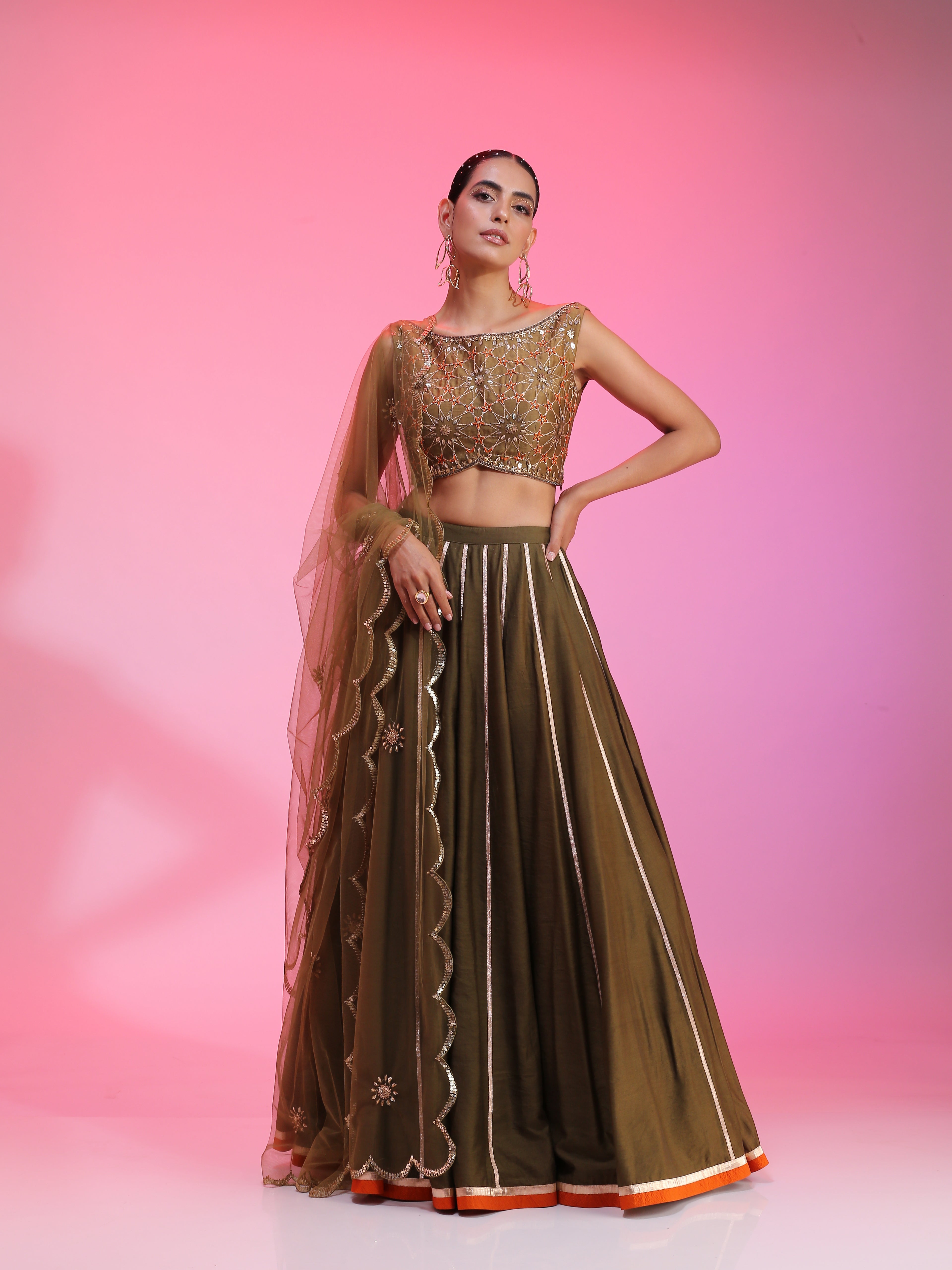 Olive Zari sequin Resham lehenga set