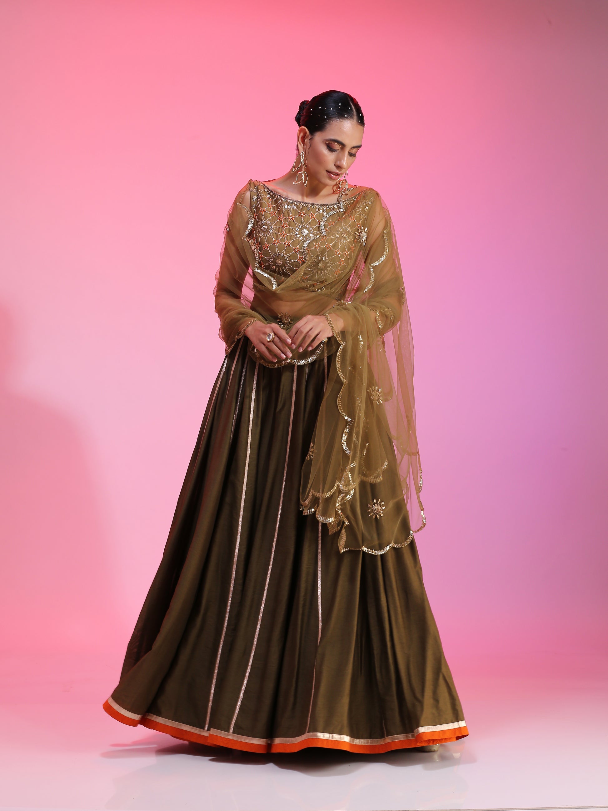 Olive Zari sequin Resham lehenga set