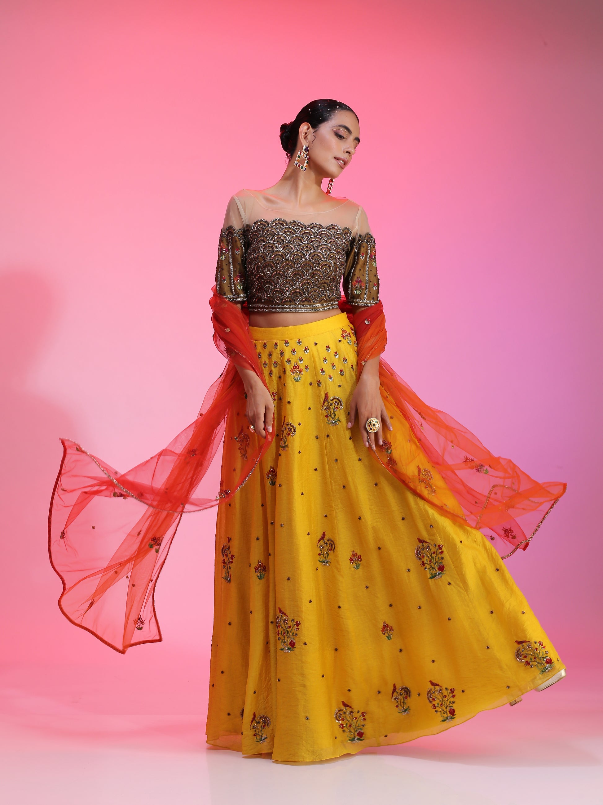 Olive yellow embellished lehenga set