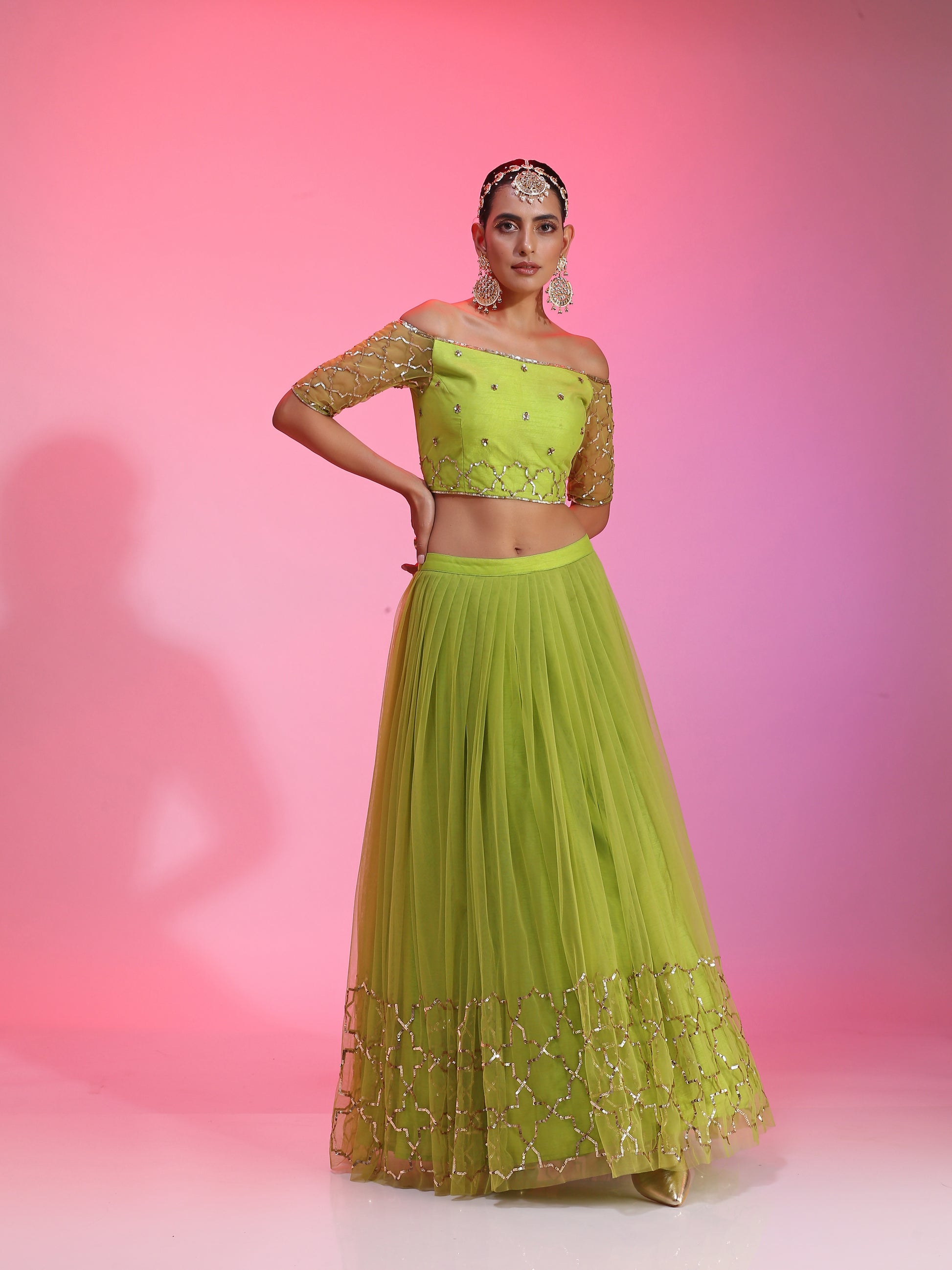 Lime sequinwork net lehenga