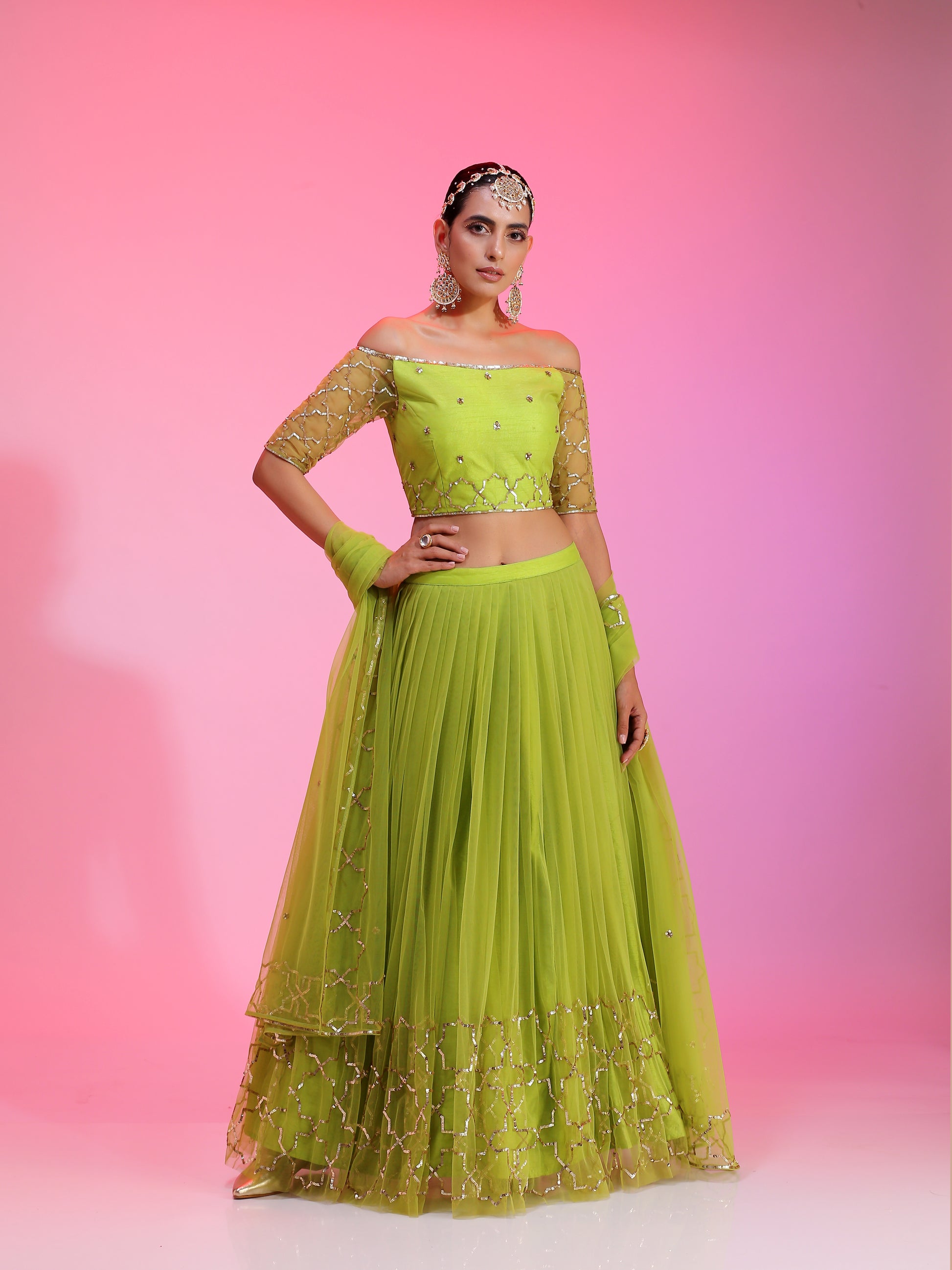 Lime sequinwork net lehenga