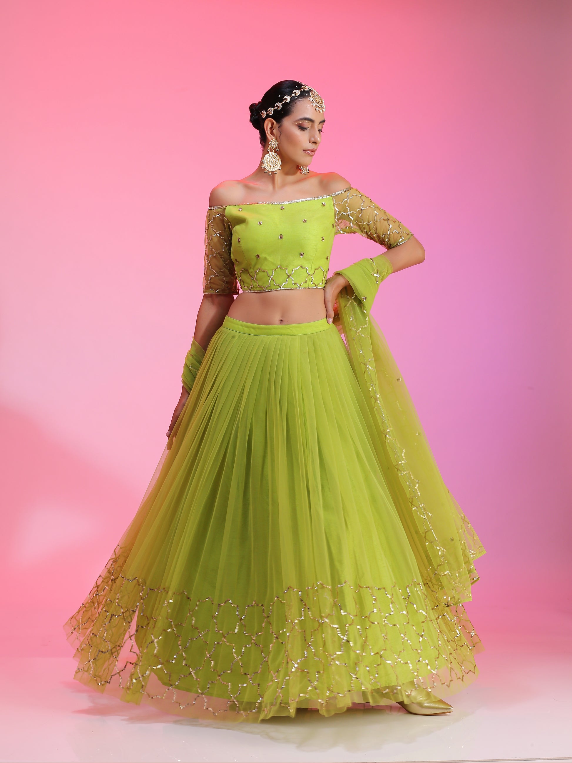 Lime sequinwork net lehenga