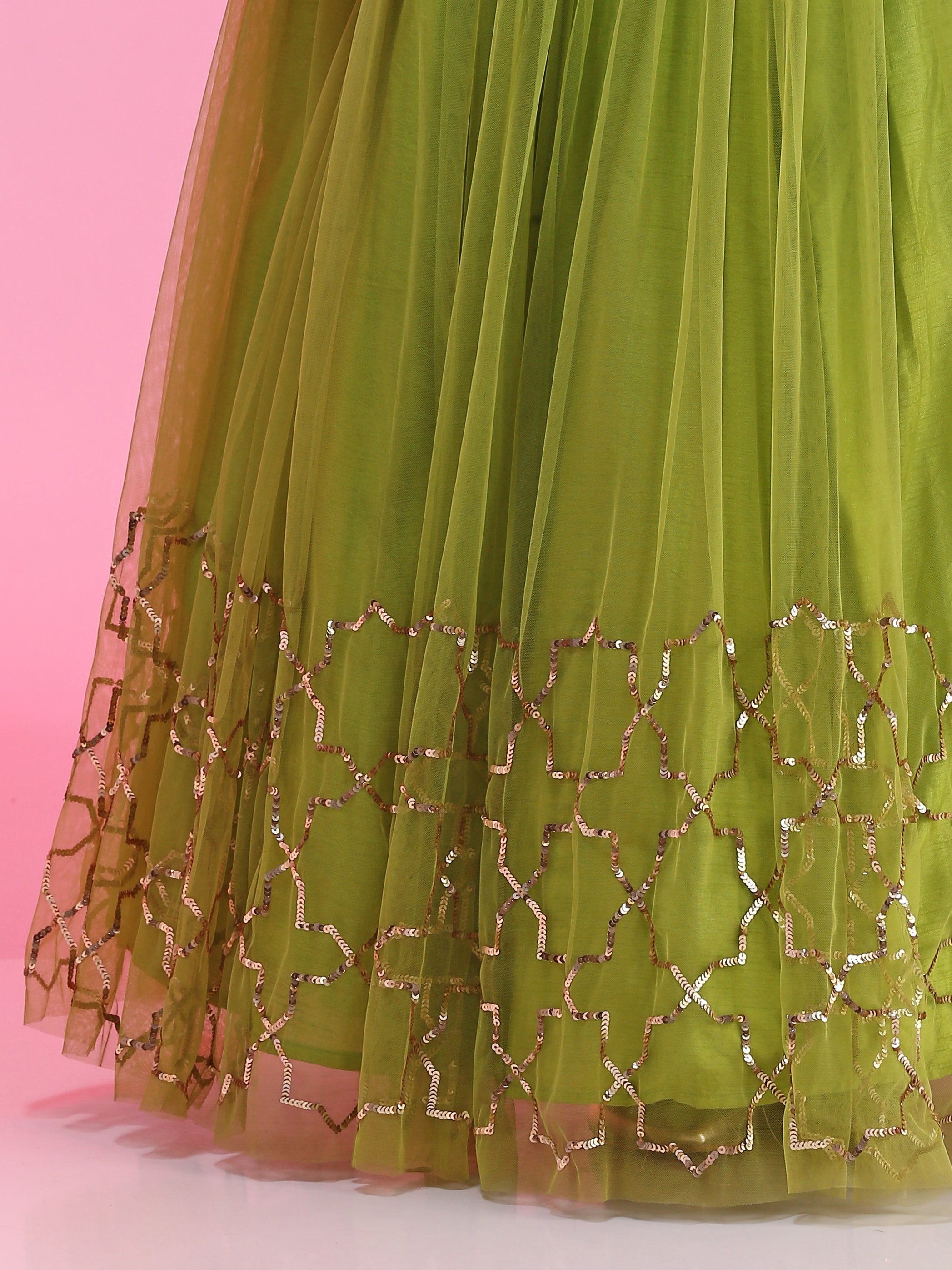 Lime sequinwork net lehenga