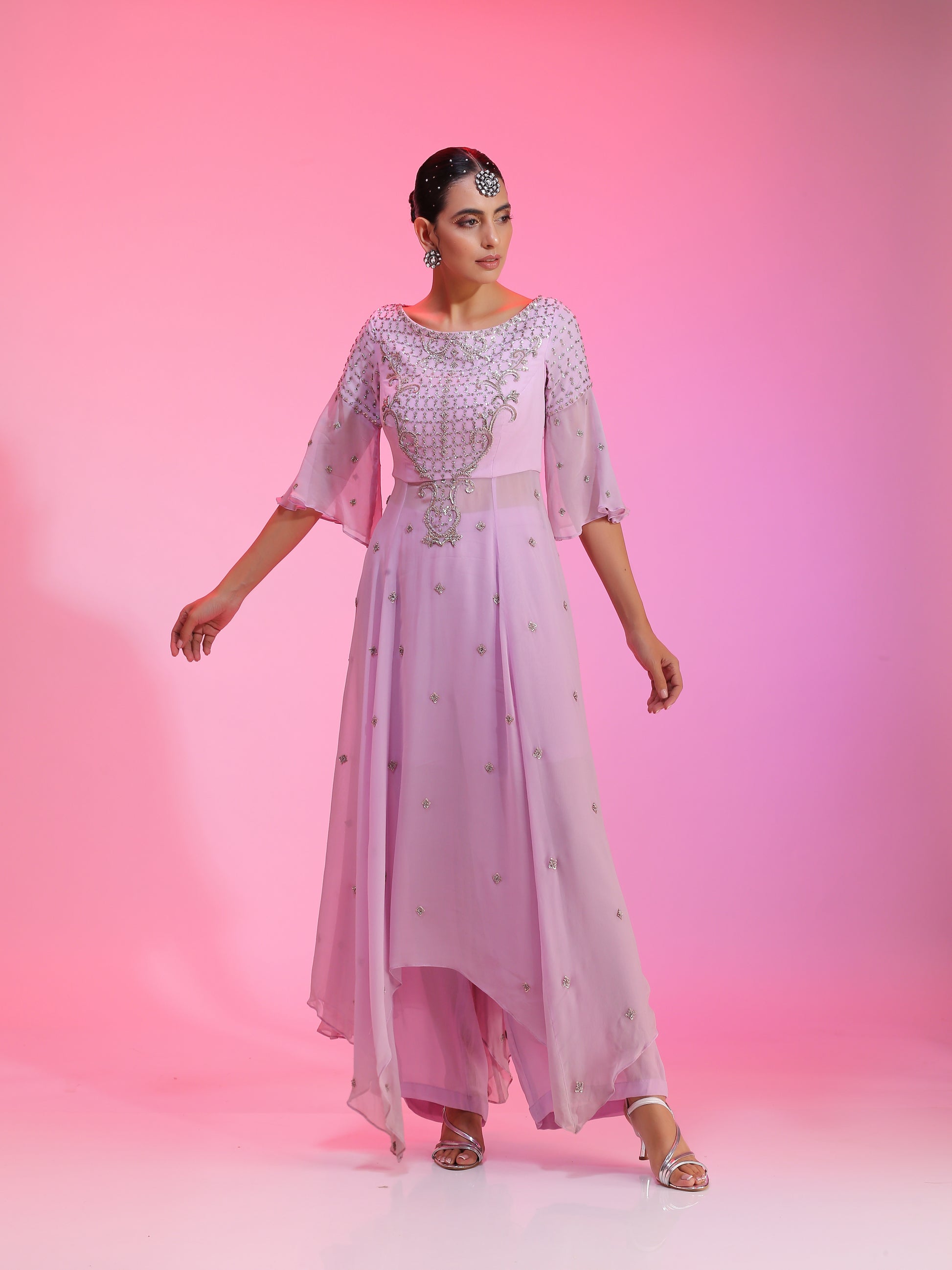 Lilac Zardozi Resham kalidar kurta set